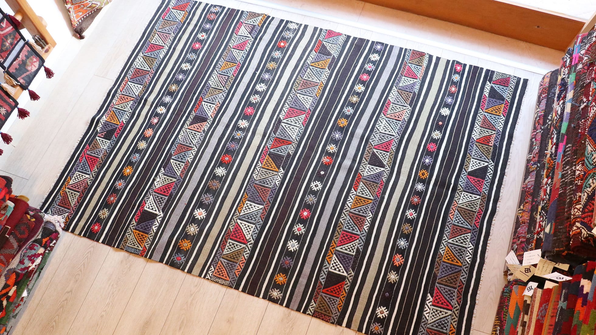 Hand knotted 100% wool Ancient Turkish Kilim Rug with black and white stripes