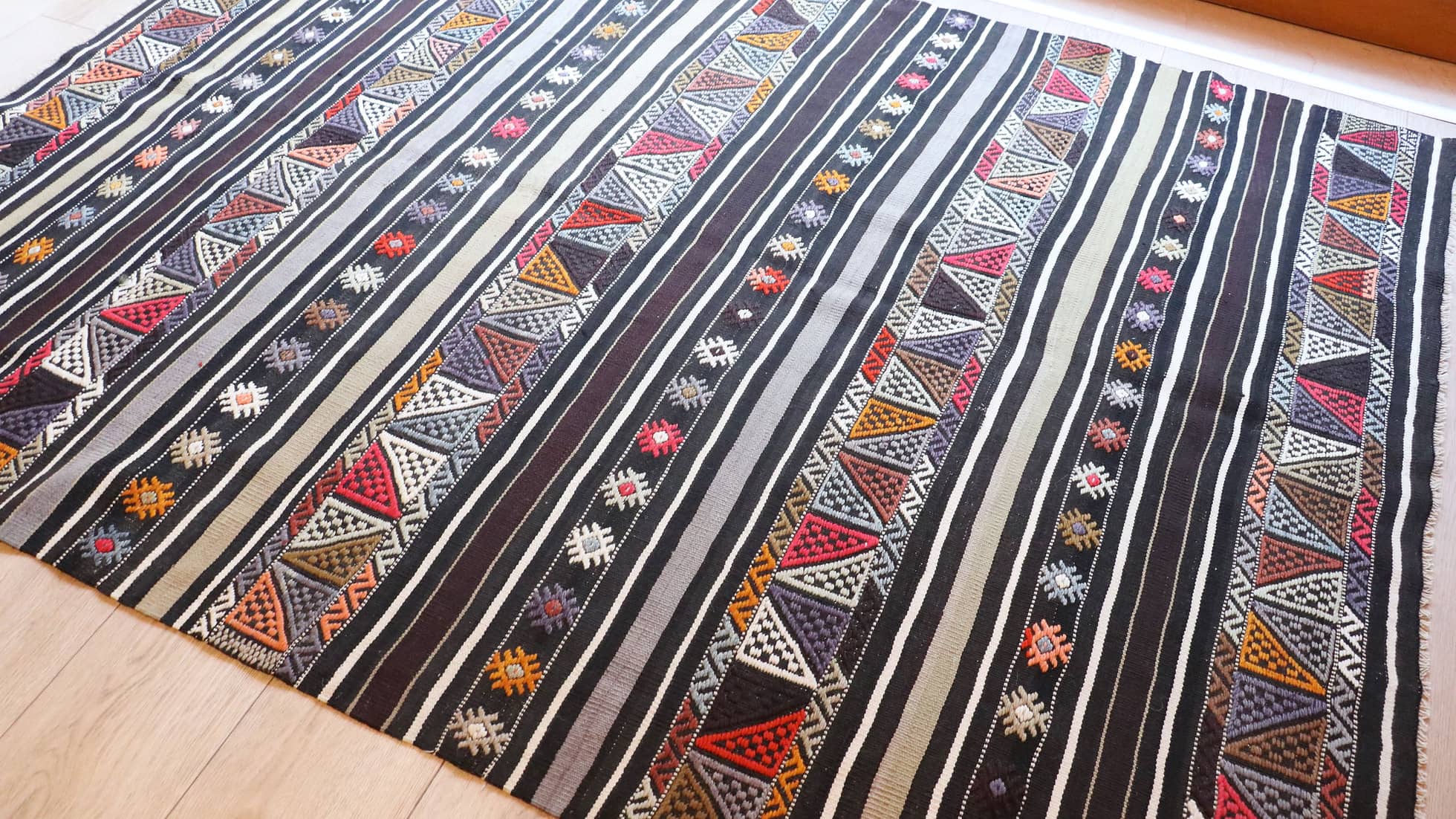Hand knotted 100% wool Ancient Turkish Kilim Rug with black and white stripes