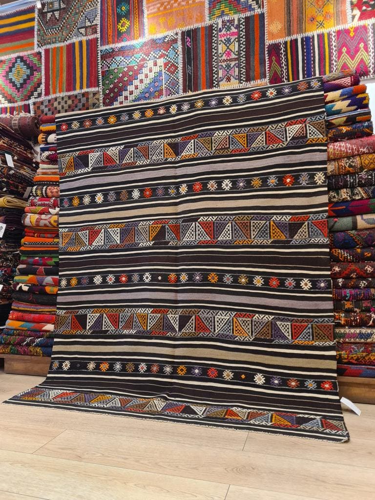 Hand knotted 100% wool Ancient Turkish Kilim Rug with black and white stripes
