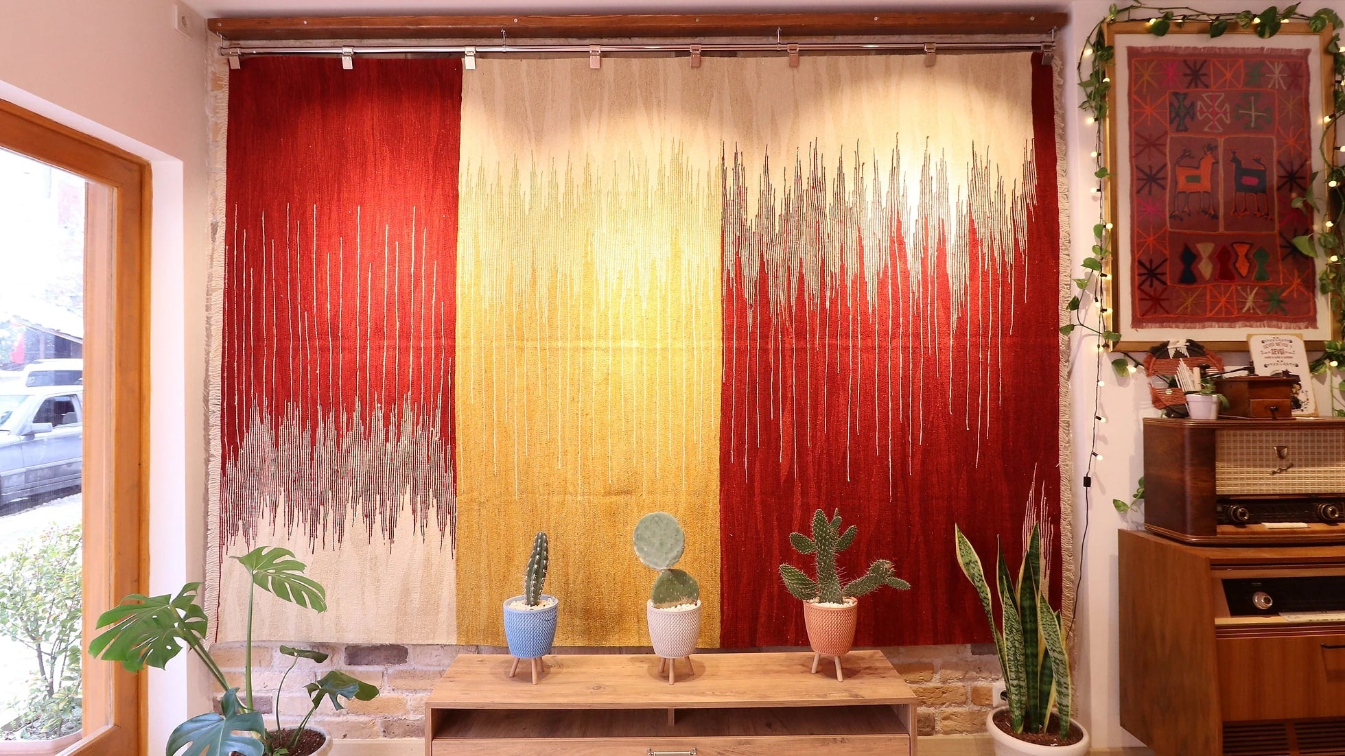 luxury minimal and abstract modern Turkish kilim rug in art deco style in red and yellow