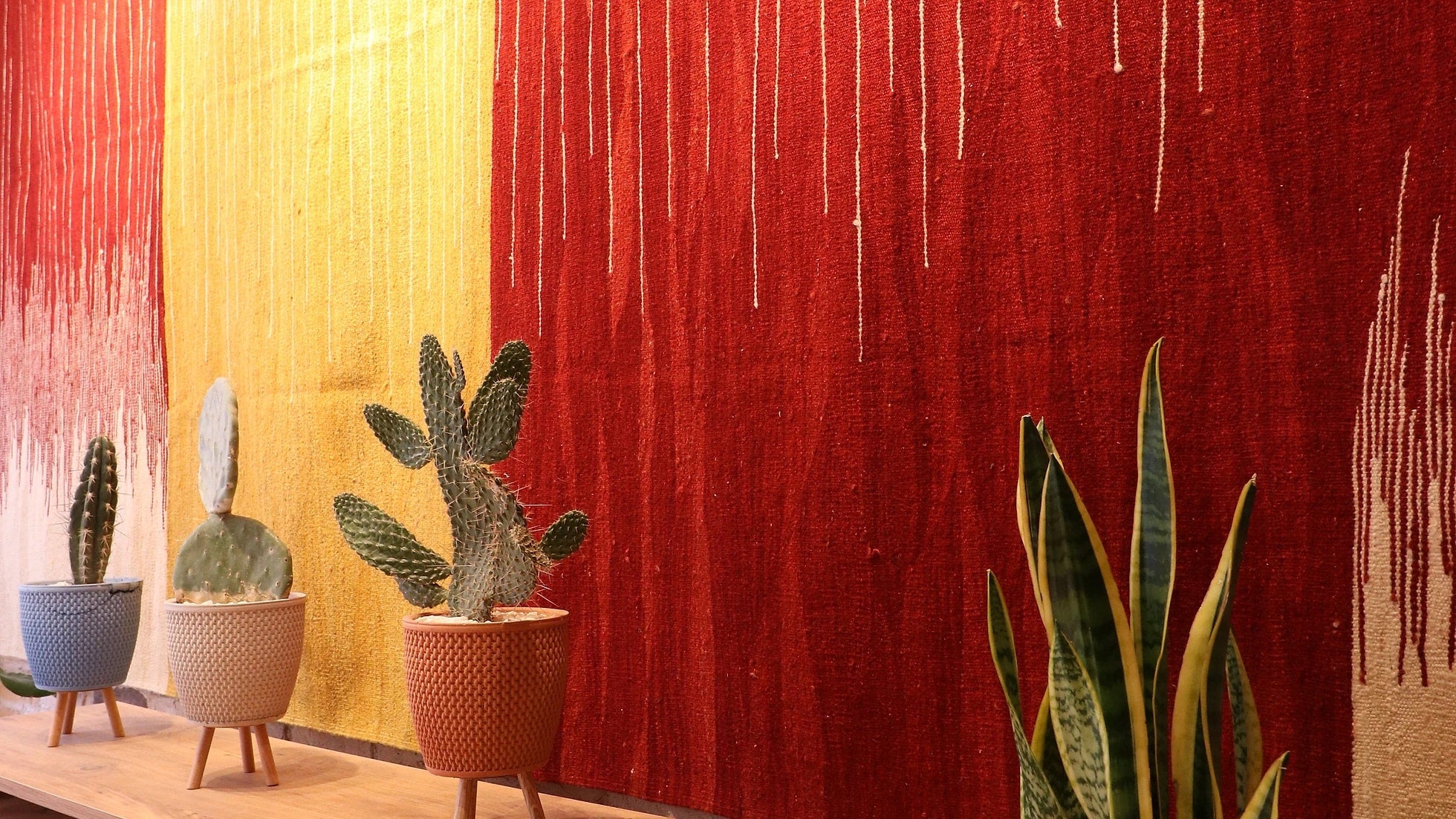 luxury minimal and abstract modern Turkish kilim rug in art deco style in red and yellow