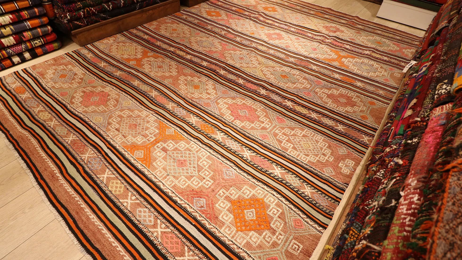 a true authentic Yoruk style nomadic Turkish flat-weave rug from Turkey in muted earth tones