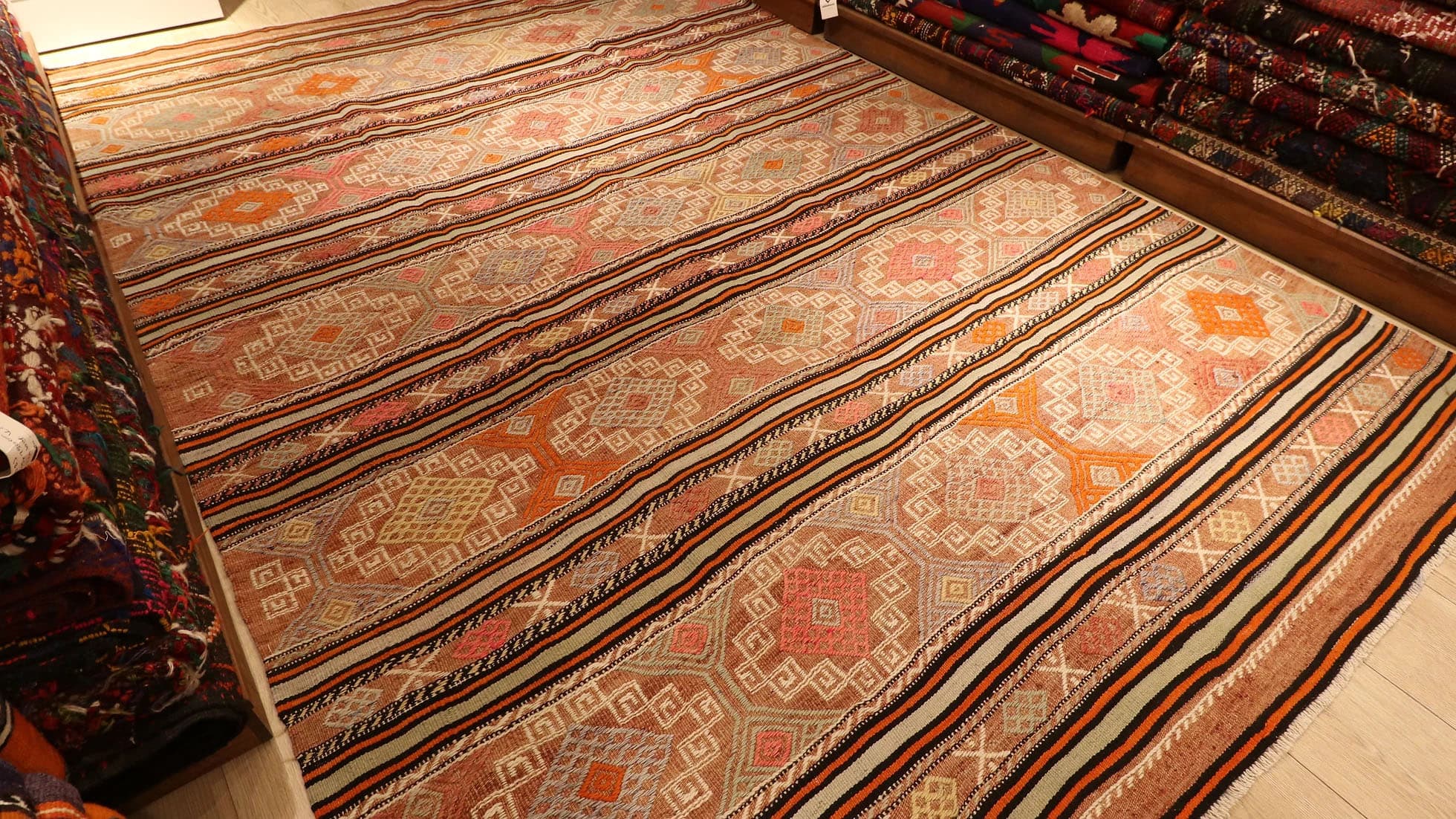 a true authentic Yoruk style nomadic Turkish flat-weave rug from Turkey in muted earth tones