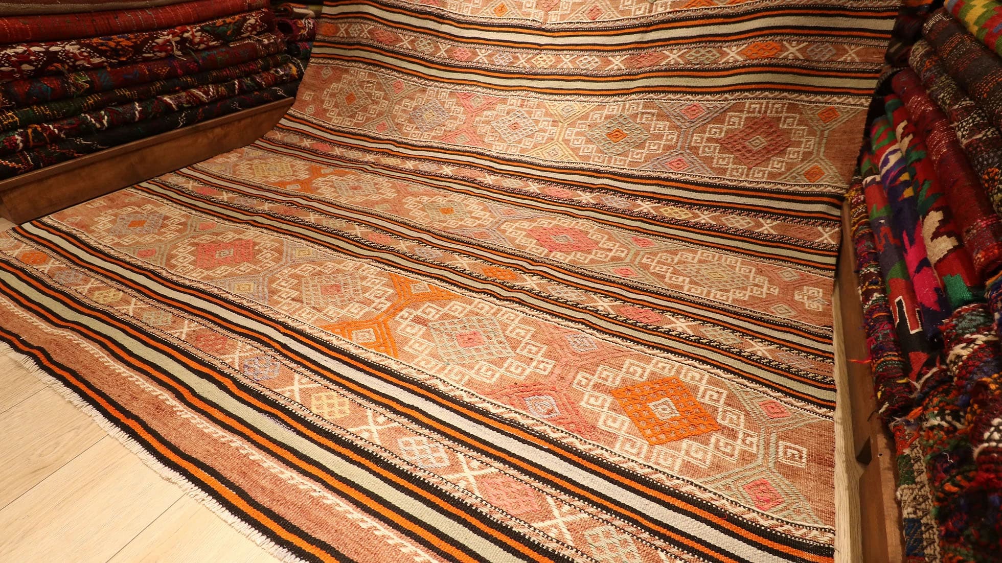a true authentic Yoruk style nomadic Turkish flat-weave rug from Turkey in muted earth tones