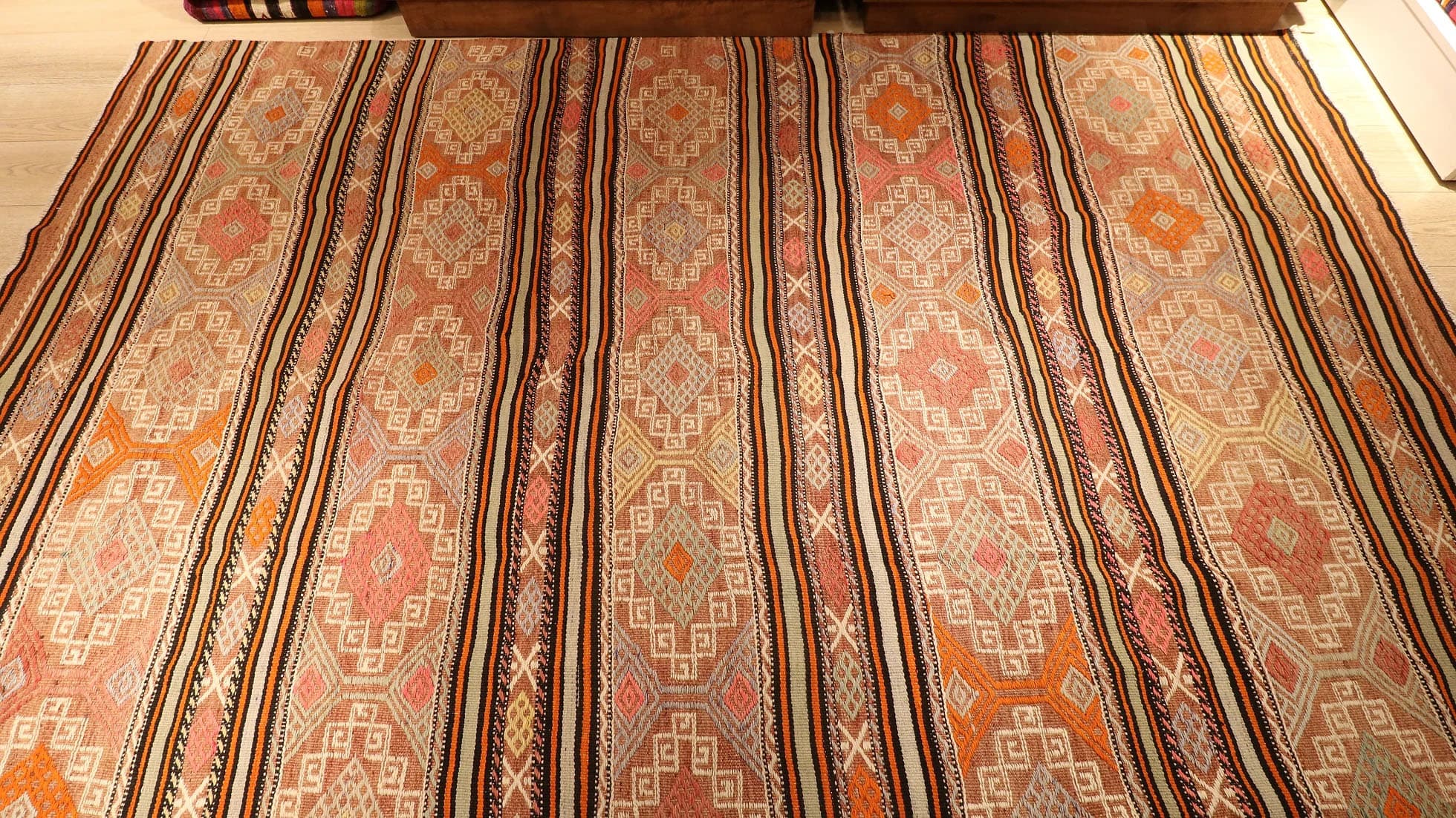 a true authentic Yoruk style nomadic Turkish flat-weave rug from Turkey in muted earth tones