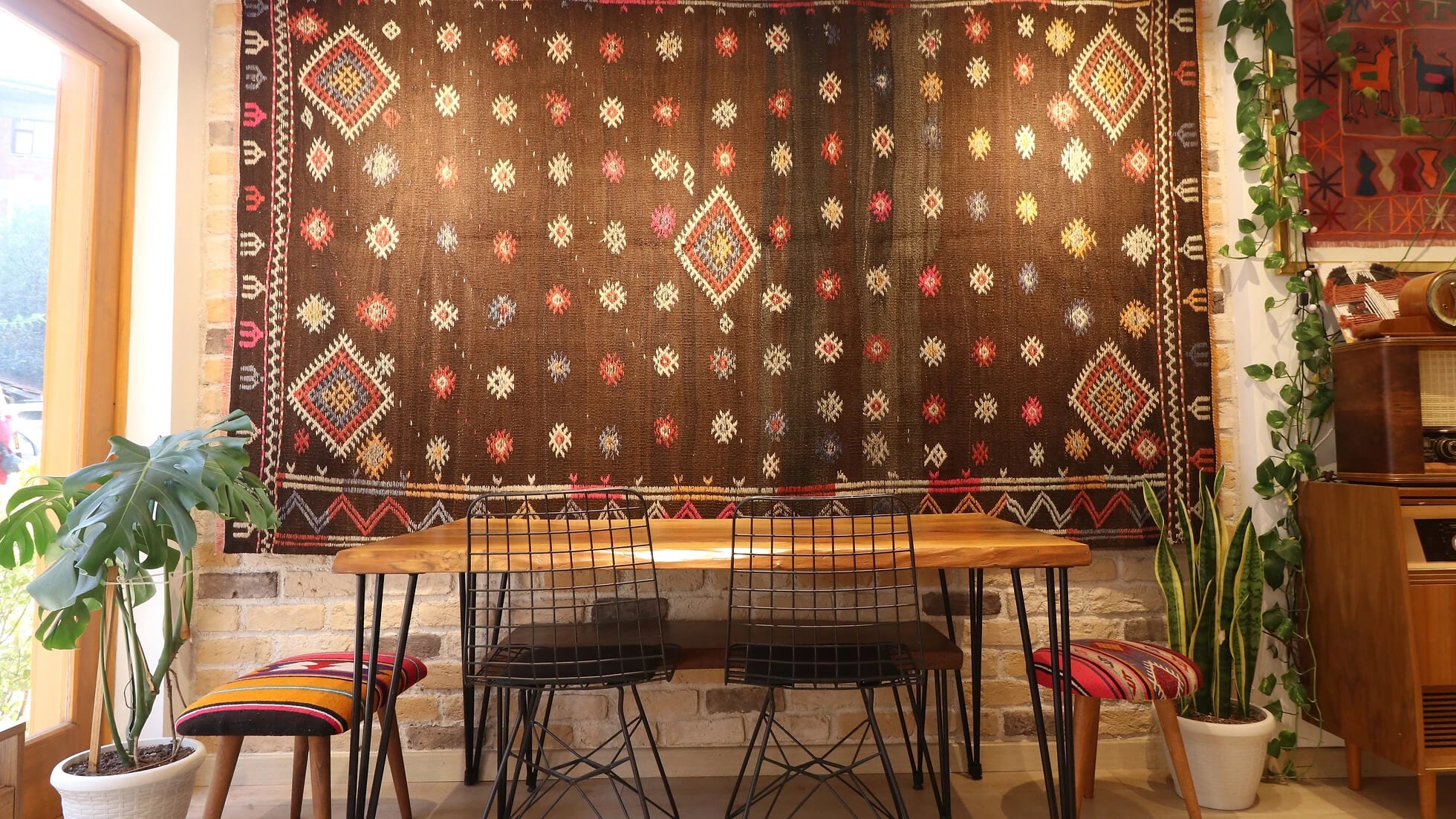 vintage boho kilim rug in muted earth tones for rustic, farmhouse, and cottage style interior designs