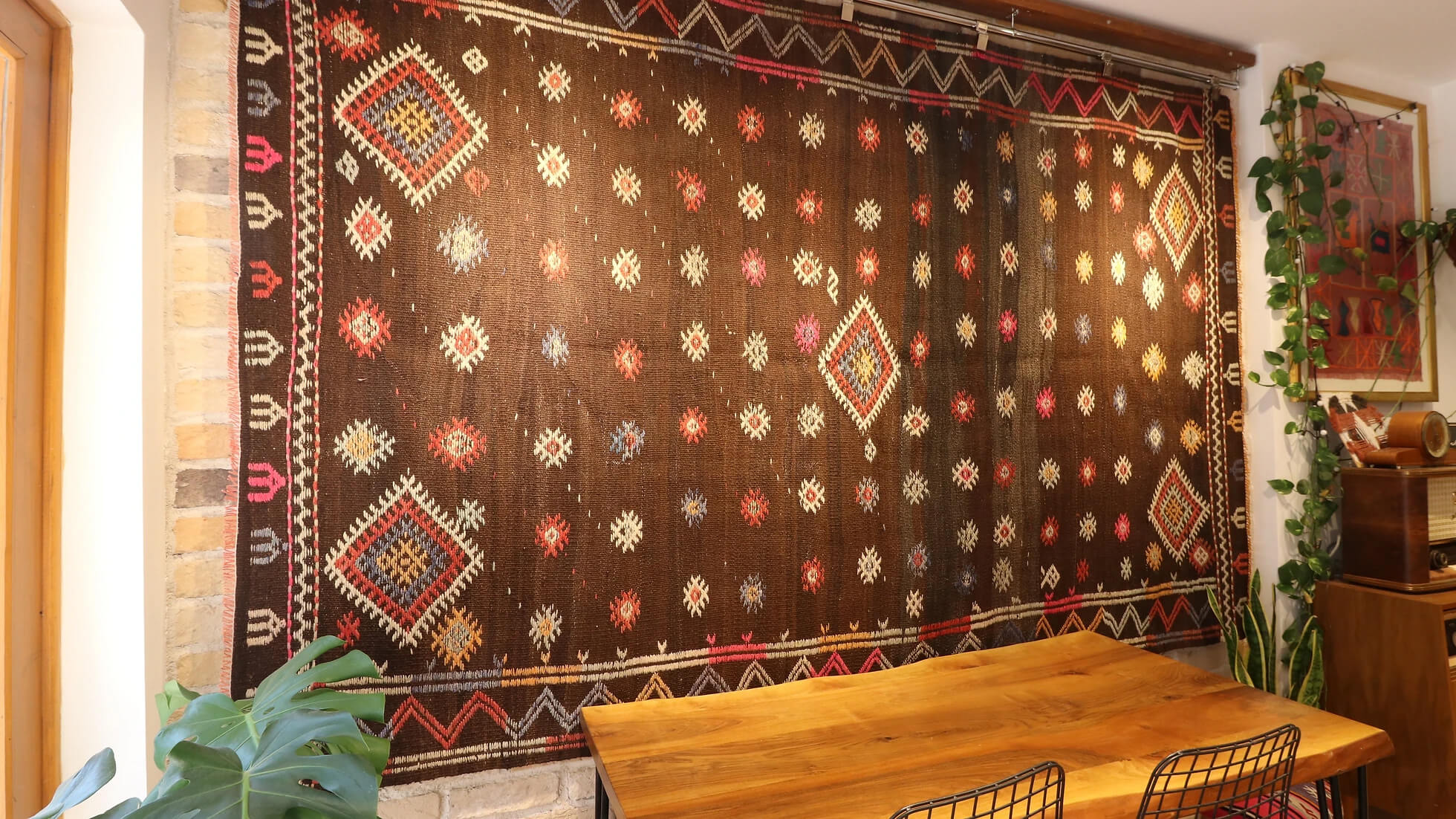 vintage handmade Turkish tribal quilt in faded taupe, terracotta, and cream from 1940s