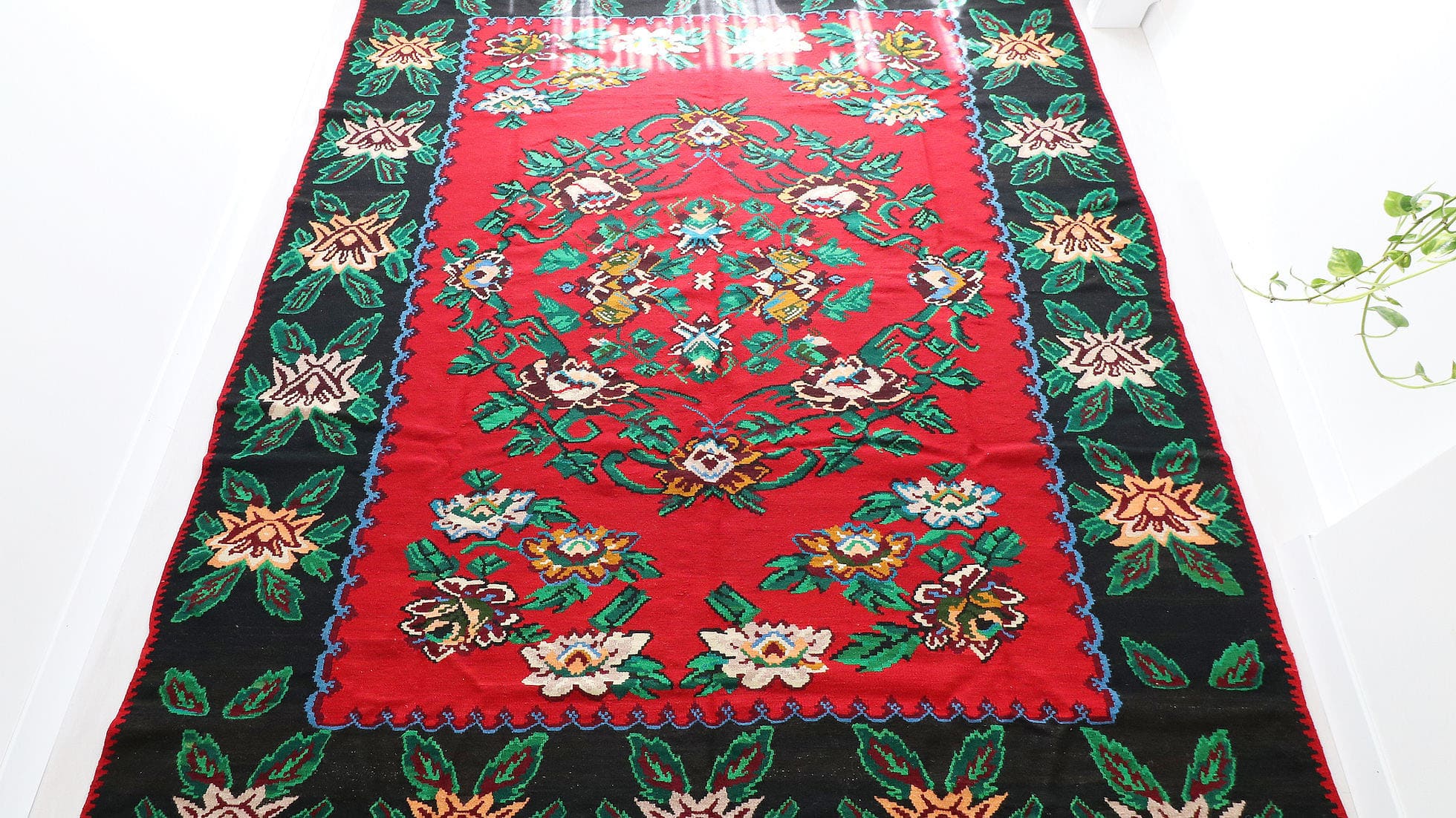 Vintage Bessarabian Rug, 9x11 ft. A handwoven mid-20th-century Romanian masterpiece, featuring a rich oriental red background with five opulent floral bouquets in cream, blue, orange, and red. This timeless European flat-weave rug blends Turkish, Persian, and Western influences, making it a striking statement piece for classic and eclectic interiors.