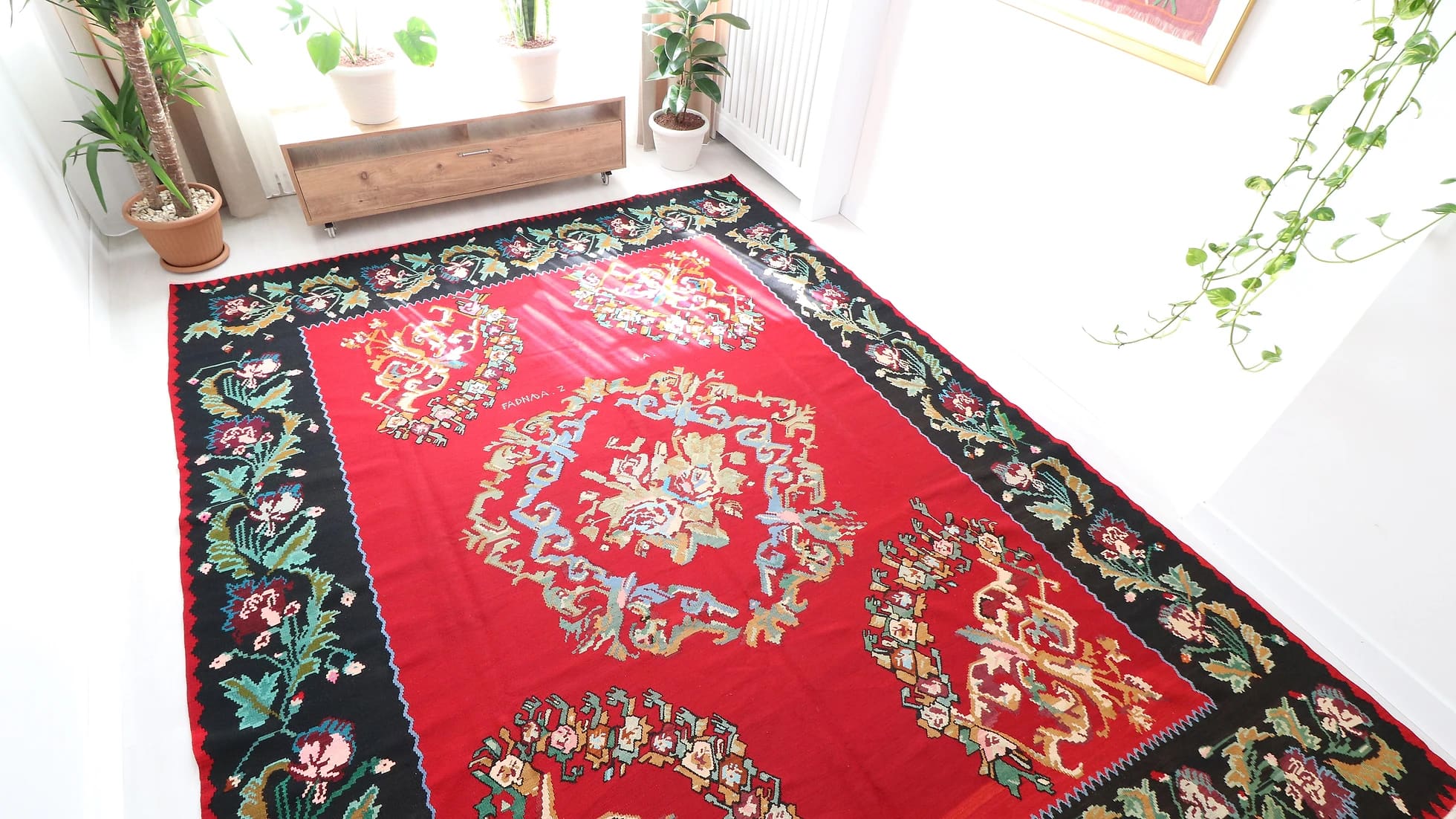 Vintage Handwoven Bessarabian Kilim Rug in red shades with floral design signed by the artisan