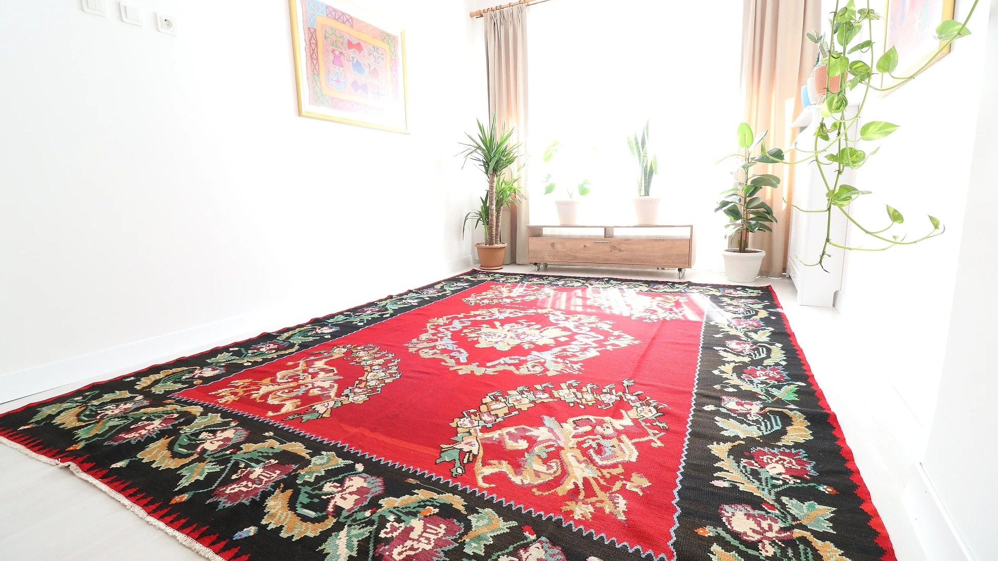 Vintage Handwoven Bessarabian Kilim Rug in red shades with floral design signed by the artisan