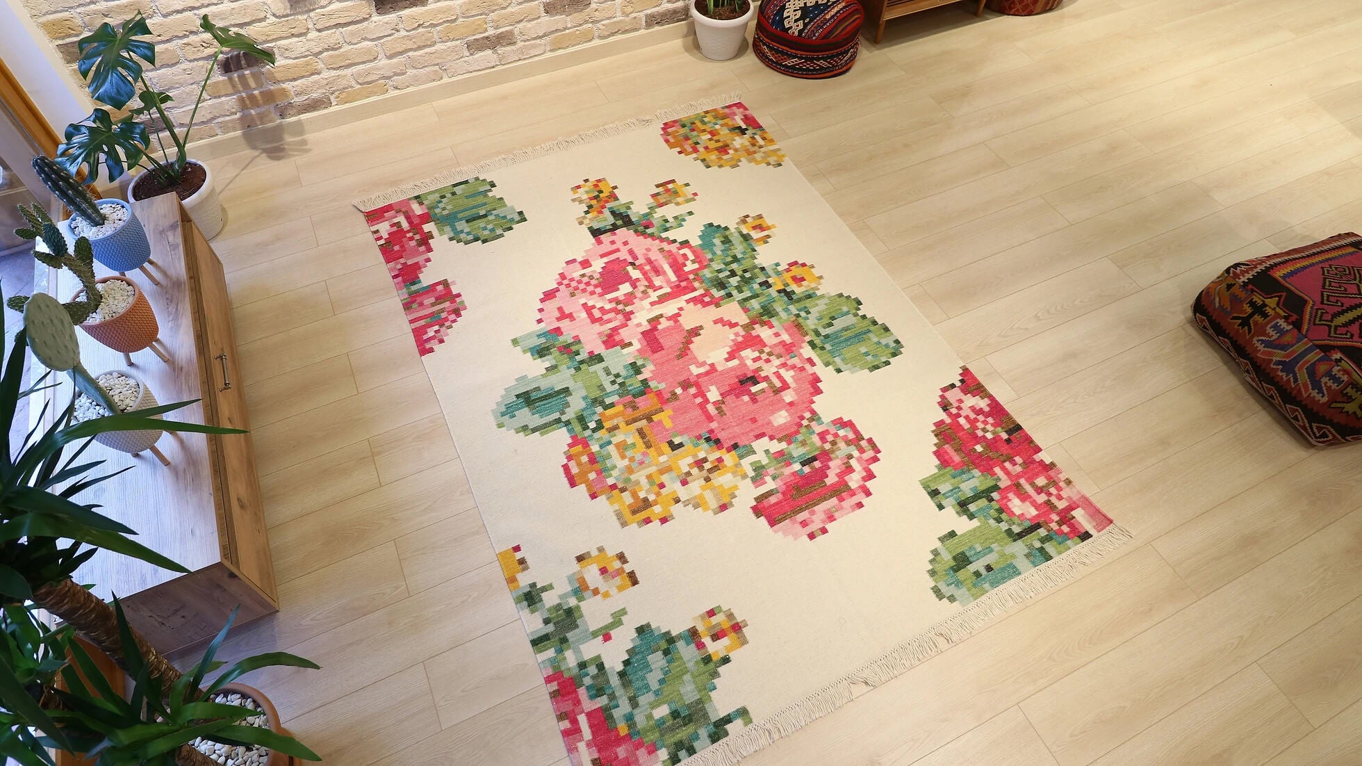 contemporary caucasian karabagh kilim rug from turkey in pastel colors and beige background in floral style and pixelated vintage look