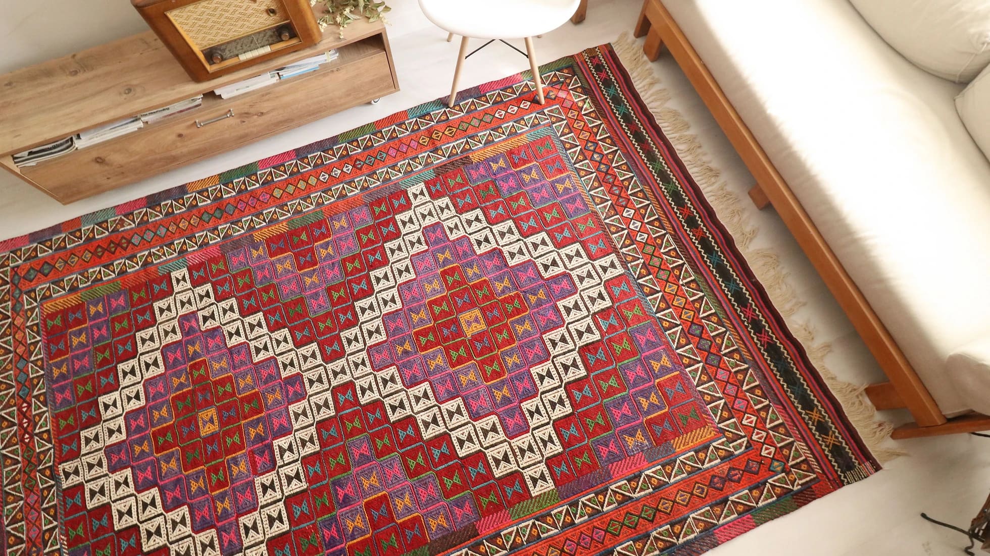Vintage Cecim Kilim Rug in vibrant colors such as red, purple and pink