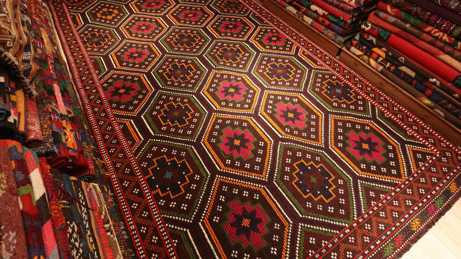 Vintage Cecim Kilim Rug with diamond shapes in red and orange