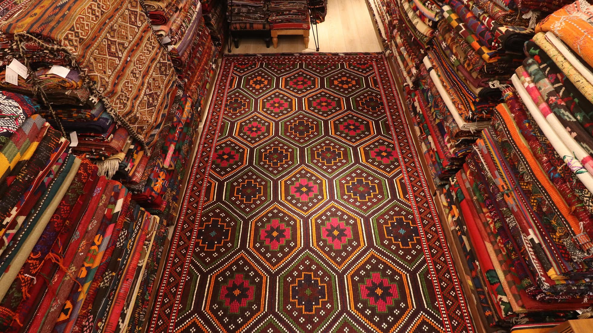 Vintage Cecim Kilim Rug with diamond shapes in red and orange