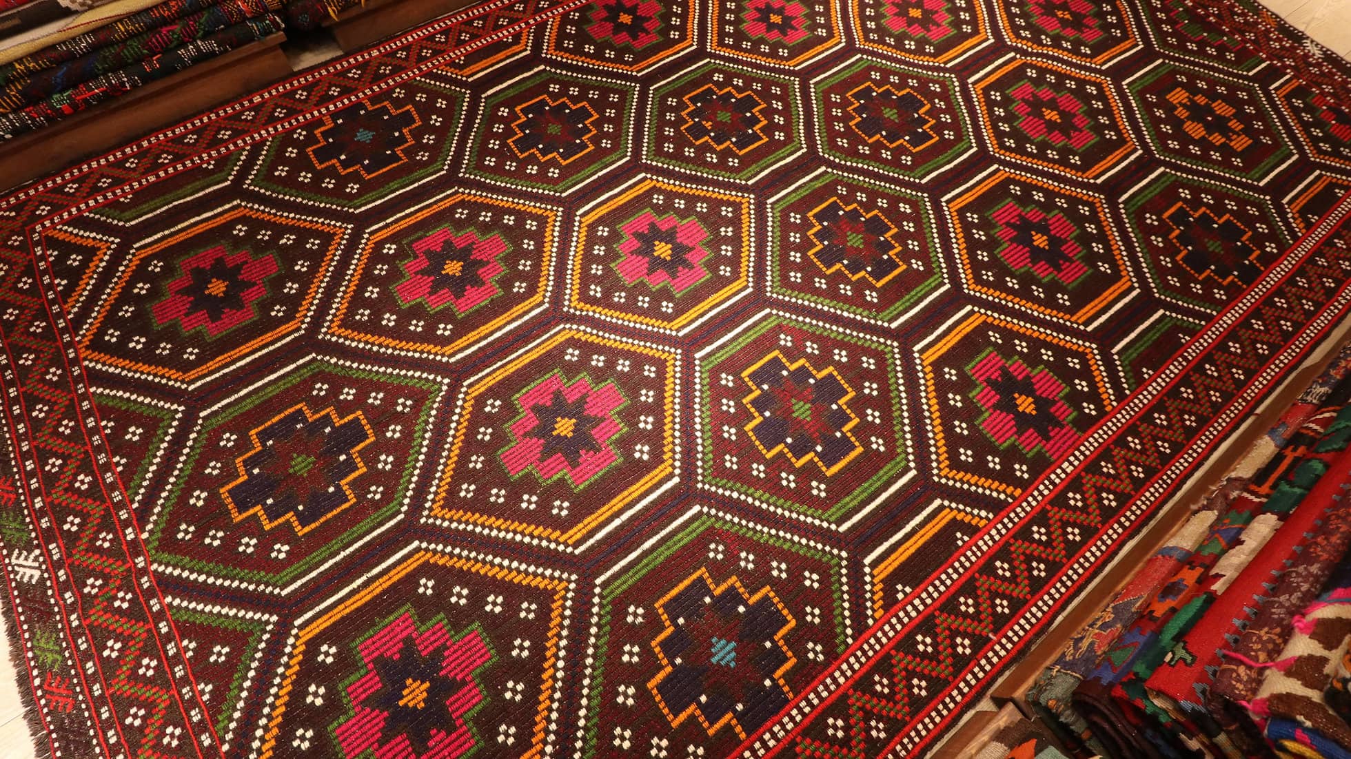 Vintage Cecim Kilim Rug with diamond shapes in red and orange