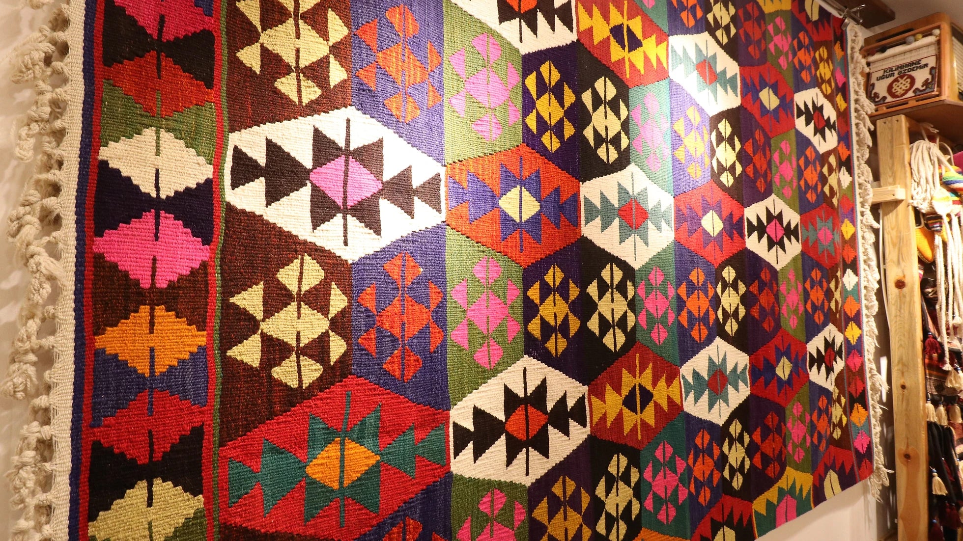 handmade Denizli tribal kilim rug in detail