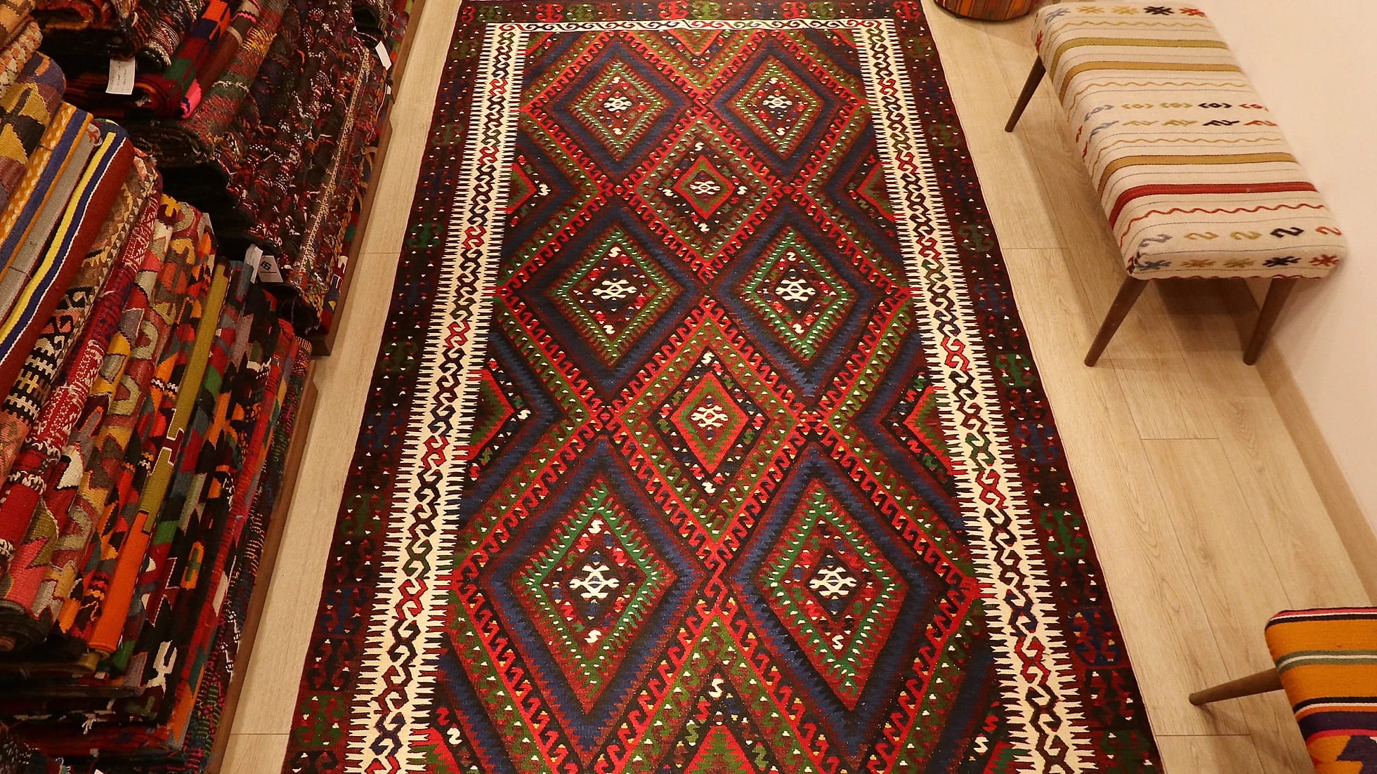 vintage oriental Turkish Kilim Rug in red, blue, green and white by Kilim Couture New York