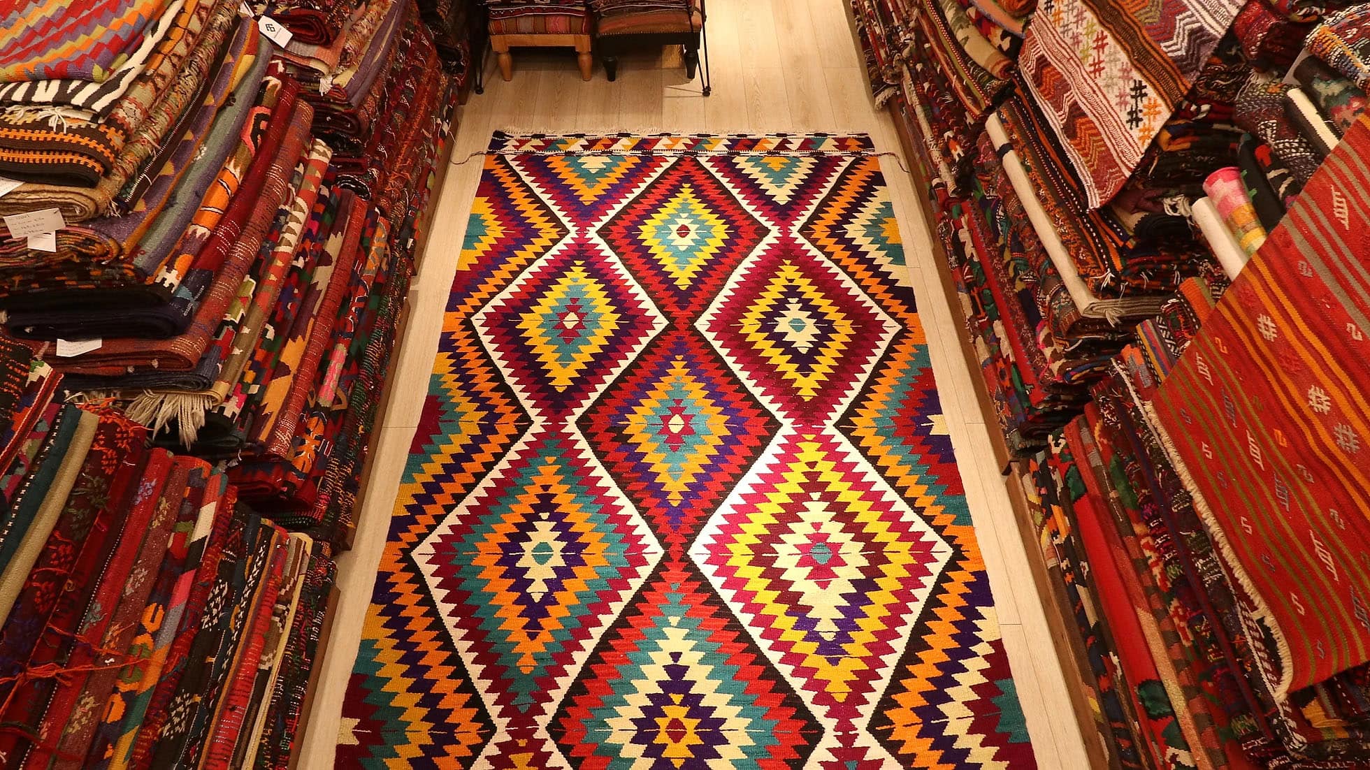 Vintage Turkish Handwoven Antalya Mid-Century Modern Kilim in Diamond Patterns 1960s by Kilim Couture New York