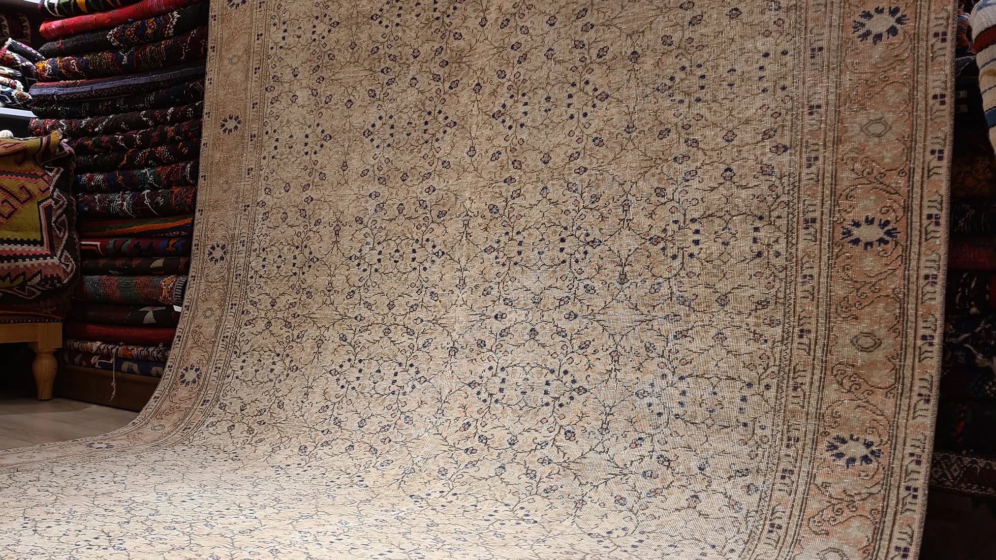 large size famous Bunyan oriental carpet in beige and ivory with floral motifs and patterns from Turkey