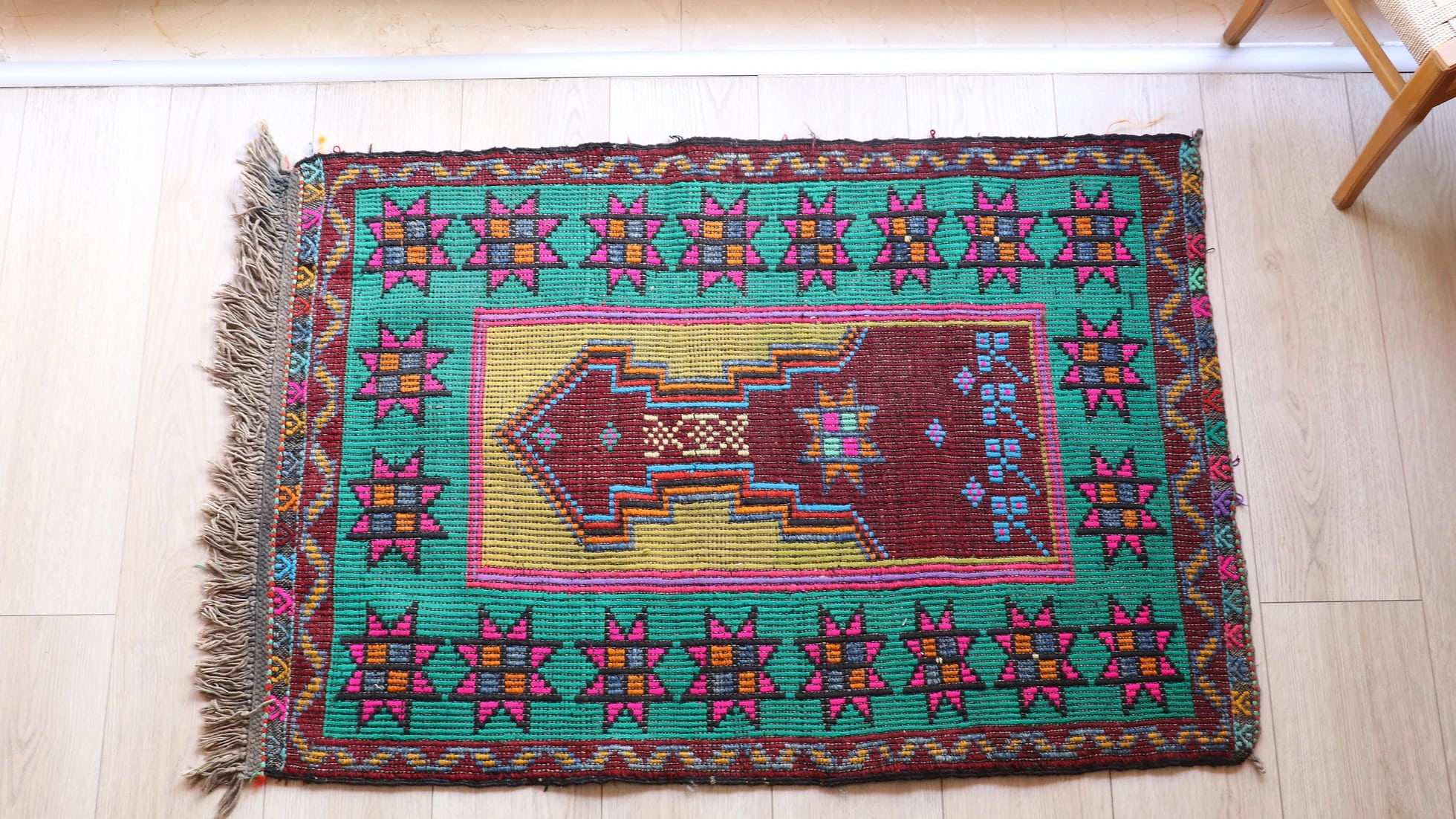 vintage islamic small prayer religious kilim rug in blue, red, pink and yellow