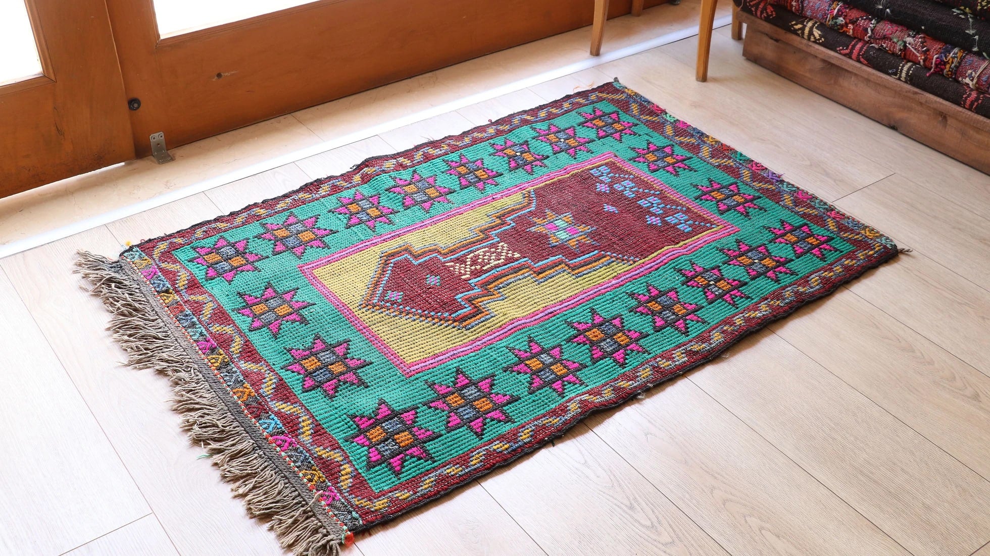 vintage islamic small prayer religious kilim rug in blue, red, pink and yellow