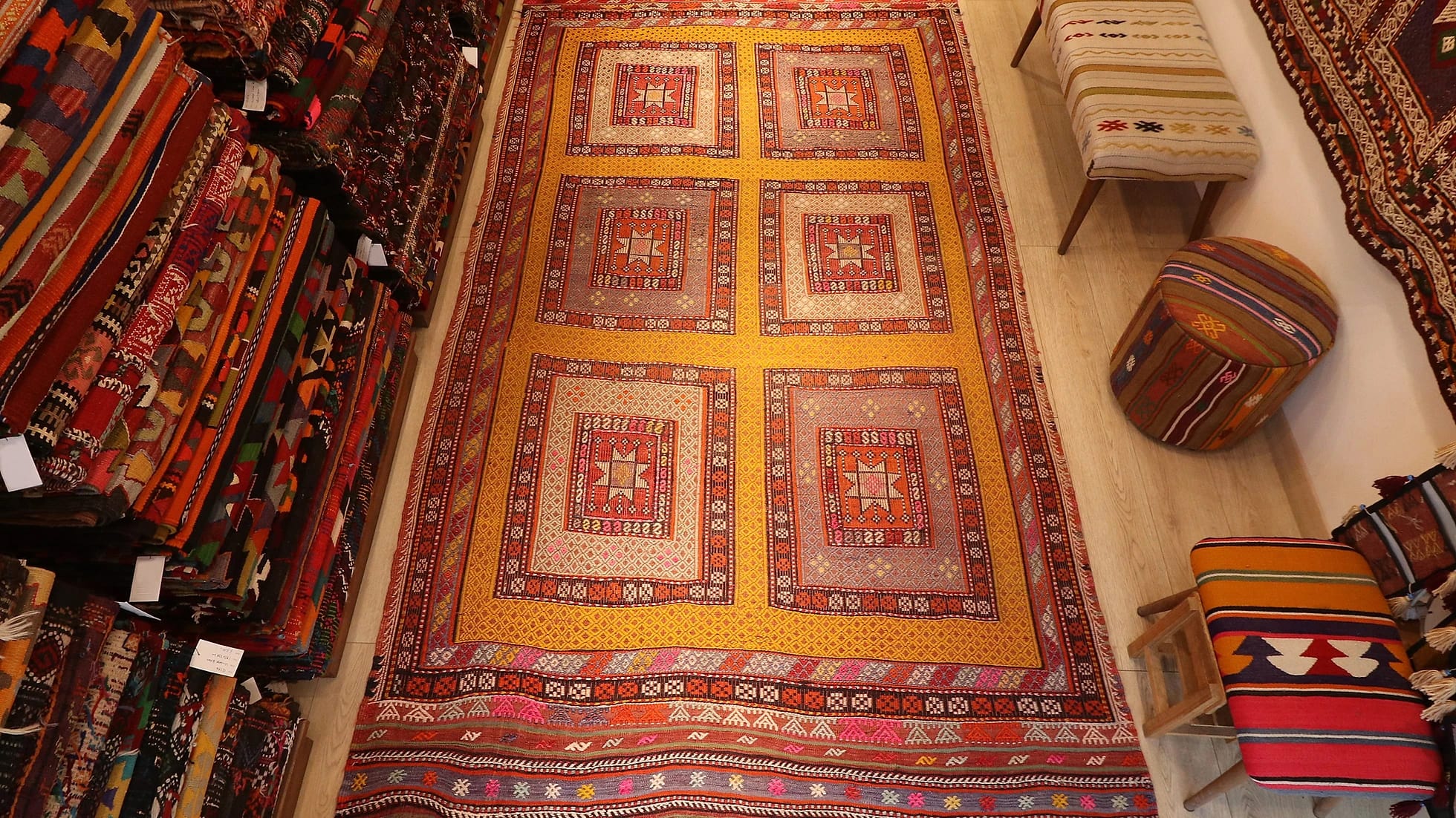 Embroidered Semi-Antique Mid-Century Fethiye Cecim Rug in Saffron