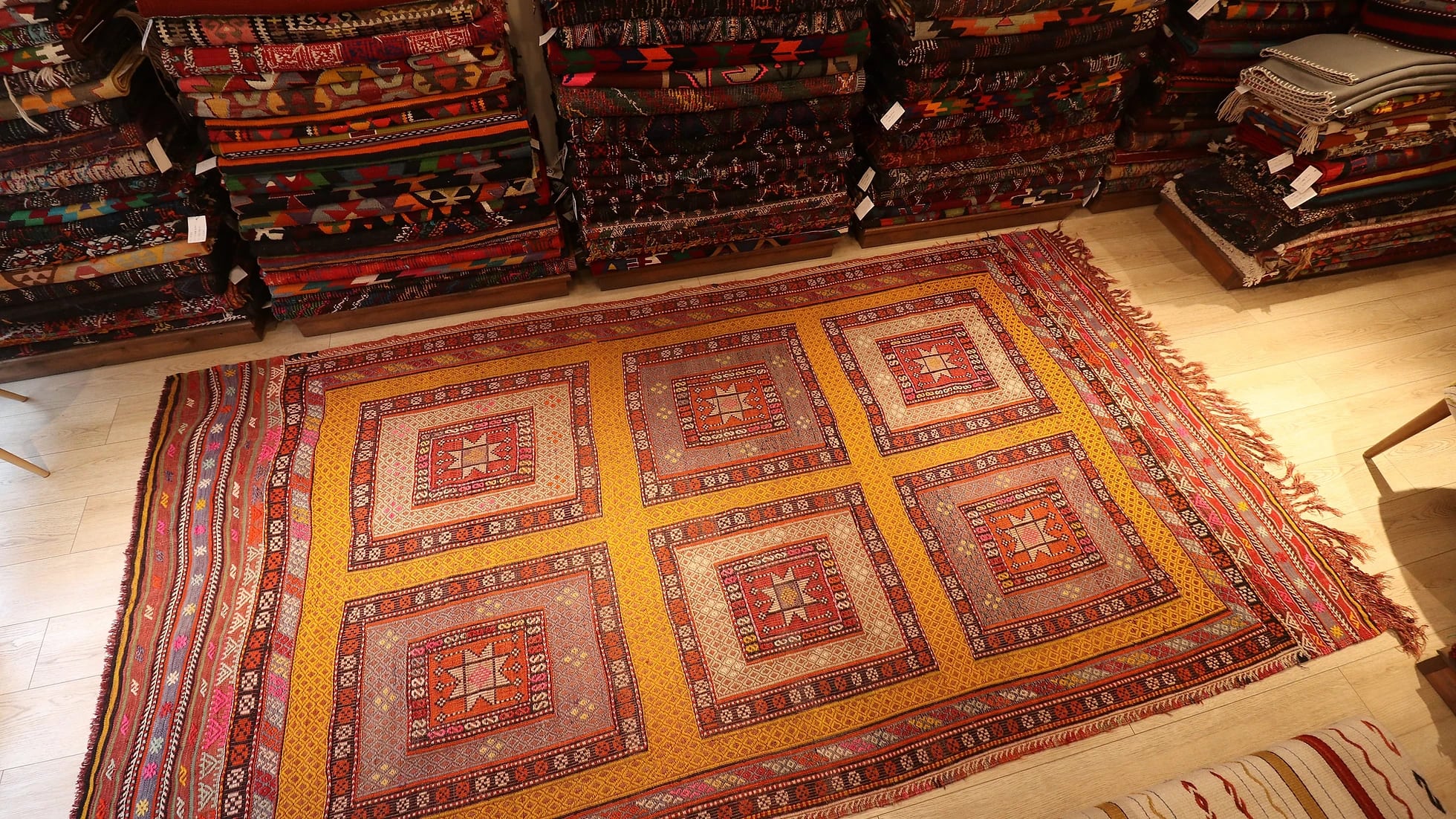 Embroidered Semi-Antique Mid-Century Fethiye Cecim Rug in Saffron