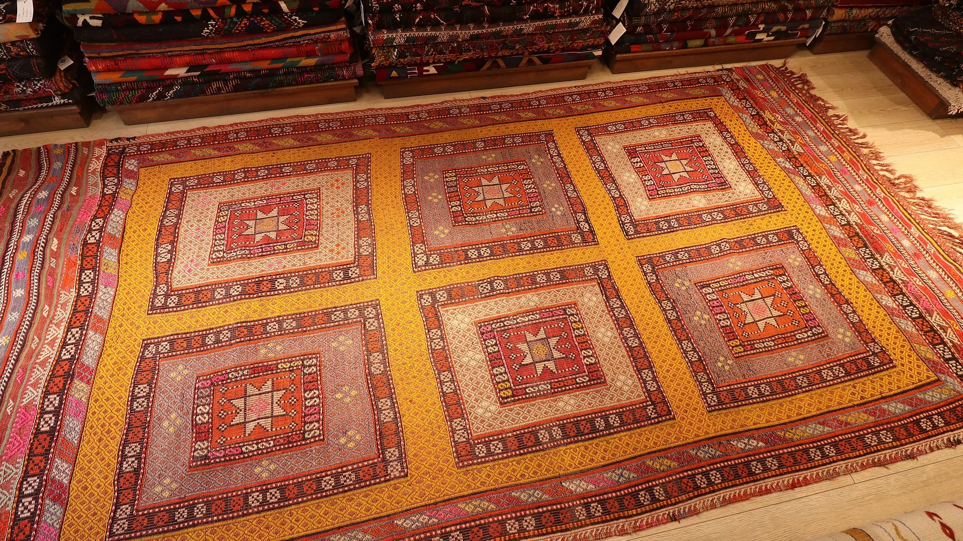 Embroidered Semi-Antique Mid-Century Fethiye Cecim Rug in Saffron
