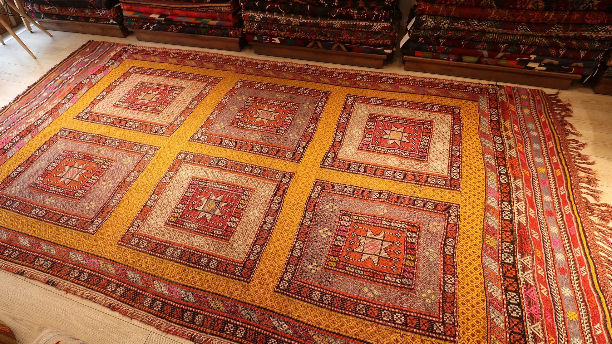 Embroidered Semi-Antique Mid-Century Fethiye Cecim Rug in Saffron