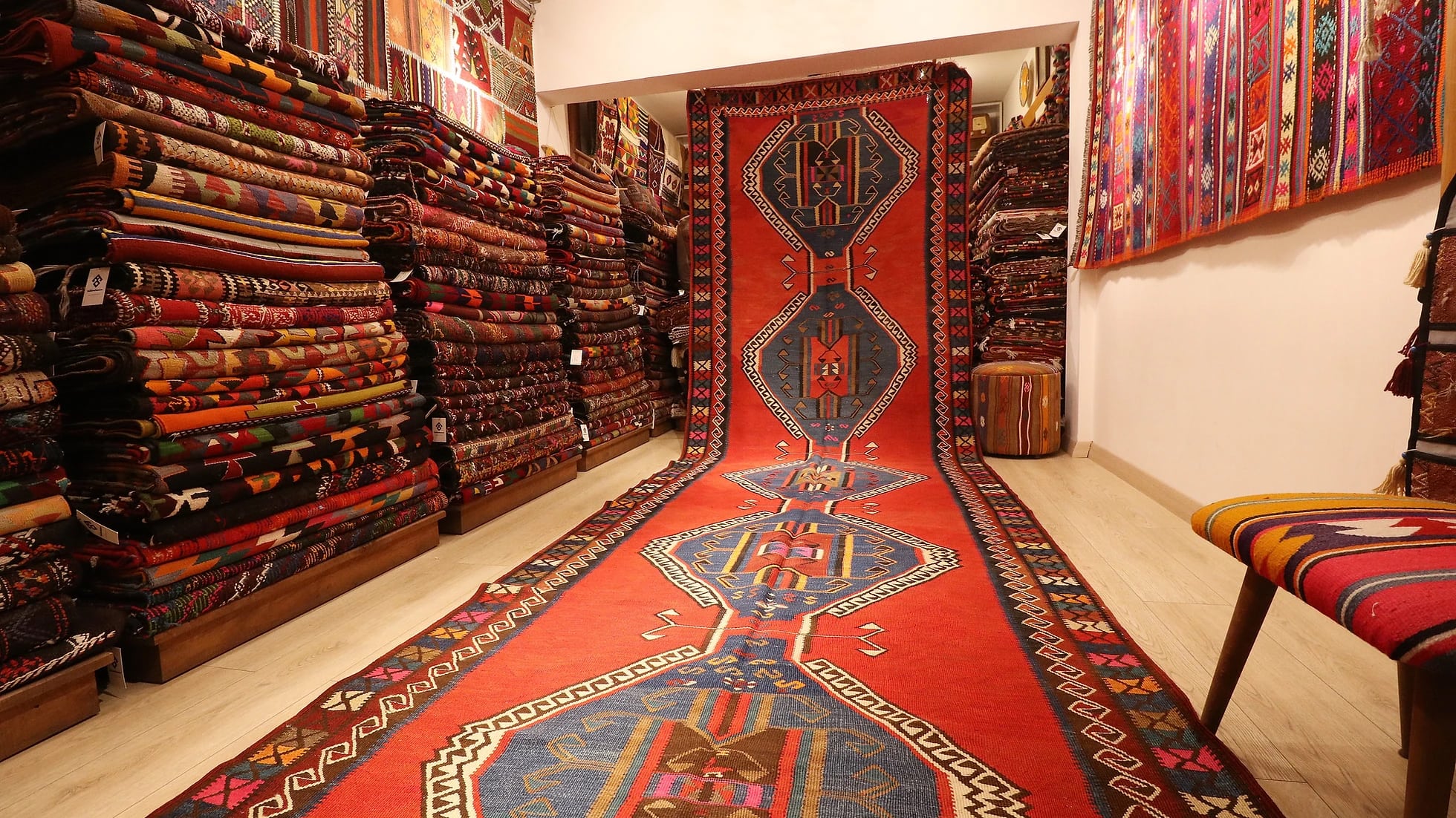oriental Kars Kurdish gallery oversized runner rug from Turkey in oriental red and navy