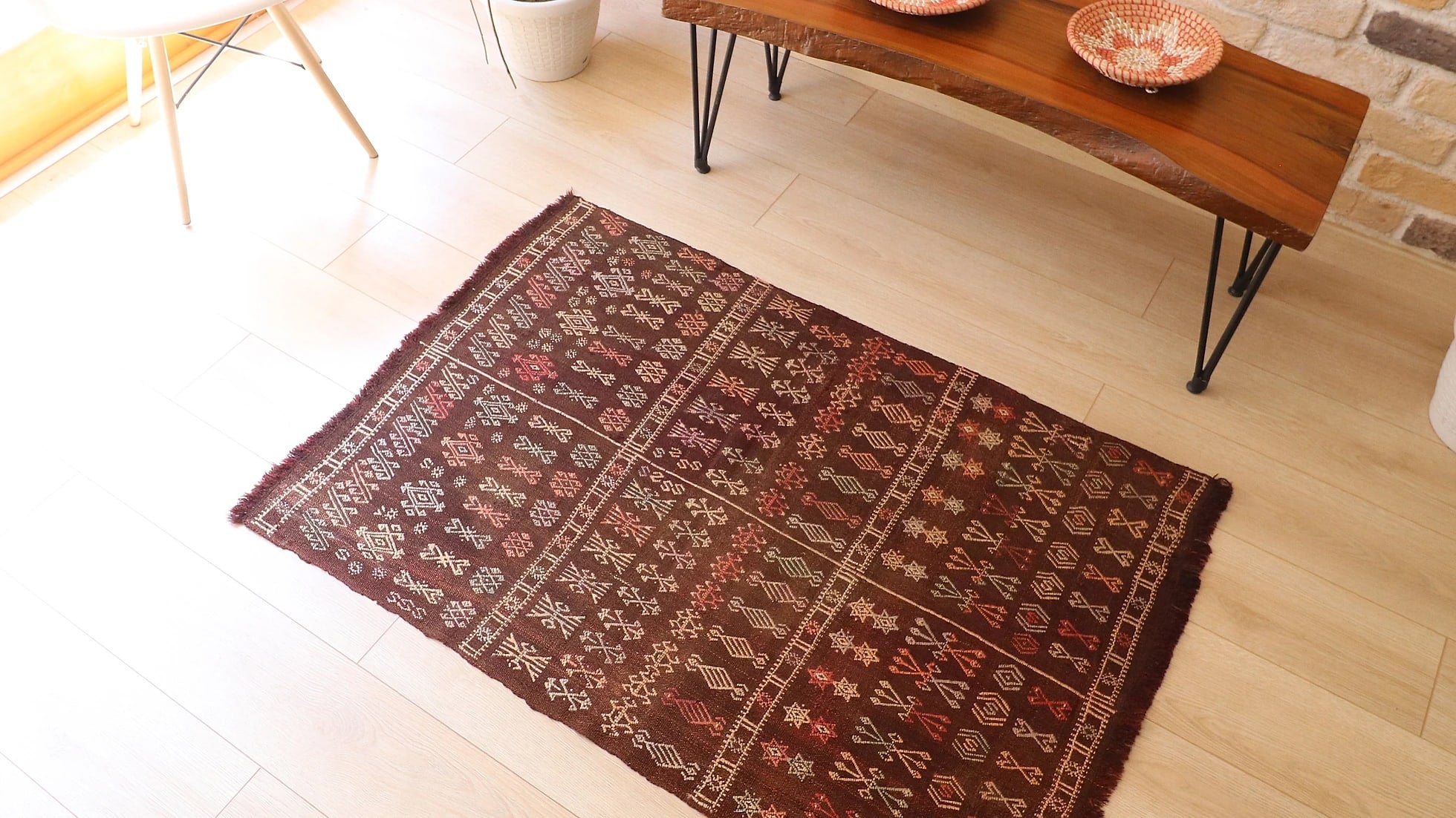 vintage handwoven Moroccan oriental flat-weave wool rug