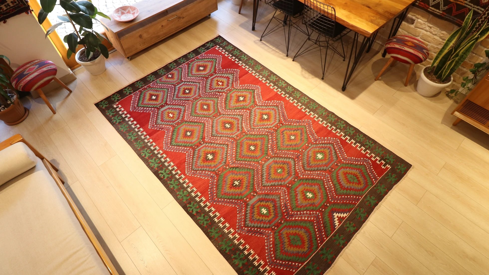 transitional and eclectic premium Oushak Esme rug is displayed in a beautiful living room