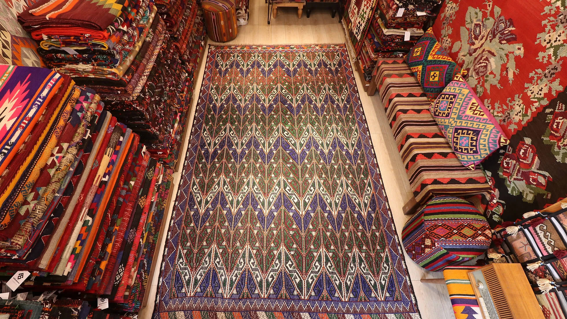 Vintage embroidered luxury Turkish cecim rug in violet and green with zigzag patterns