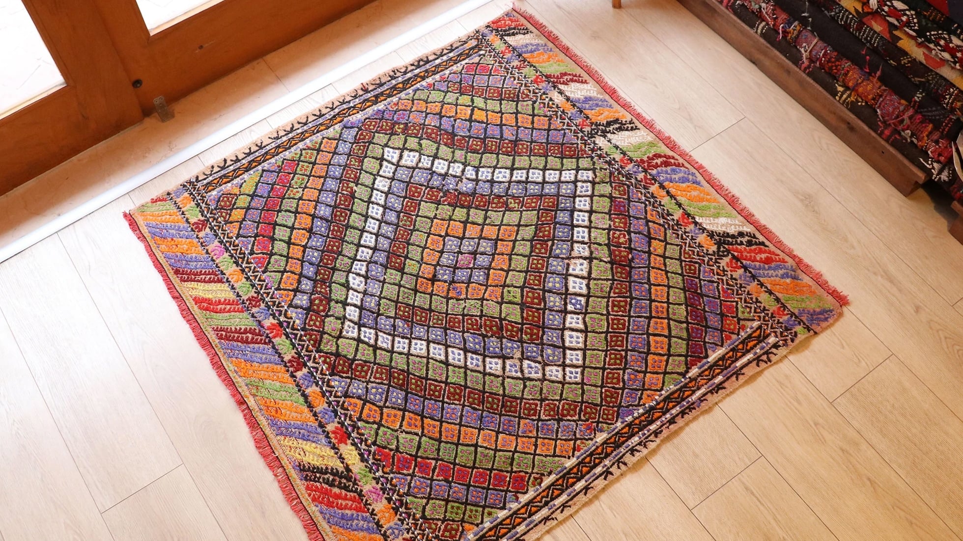 colorful vintage handmade flat-woven tribal kilim rug in square shape with mosaic pattern