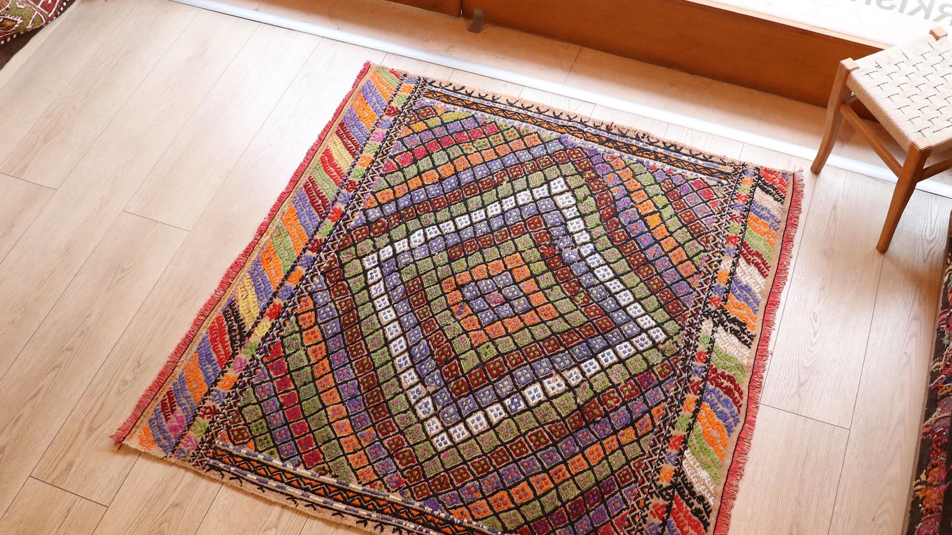 colorful vintage handmade flat-woven tribal kilim rug in square shape with mosaic pattern