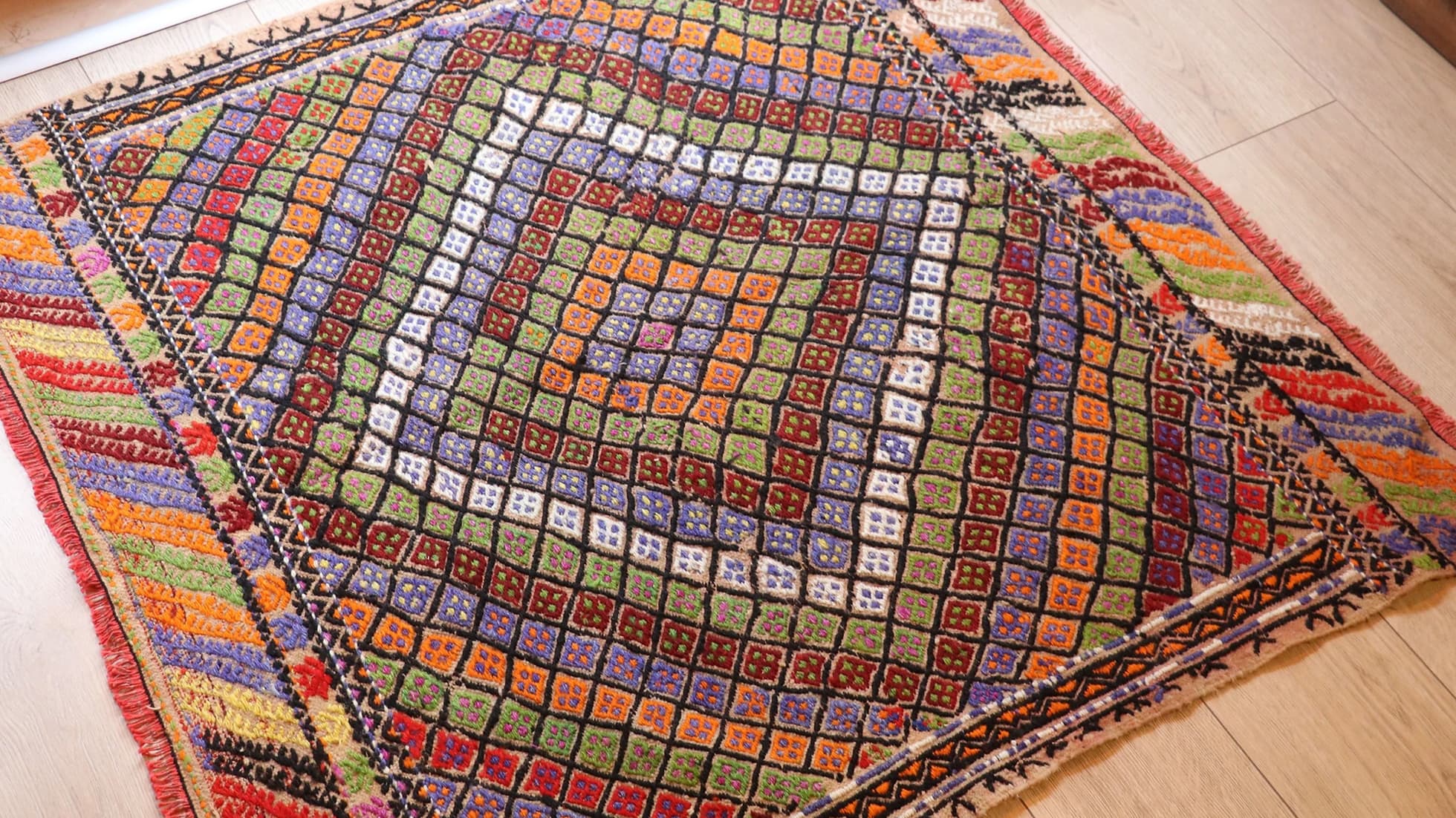 colorful vintage handmade flat-woven tribal kilim rug in square shape with mosaic pattern