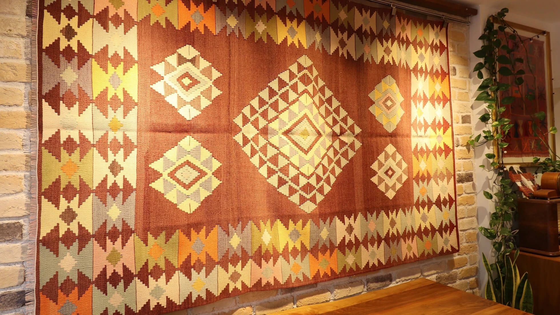 Turkish handmade mid-century flat-weave kilim rug in terracotta, cream, and orange