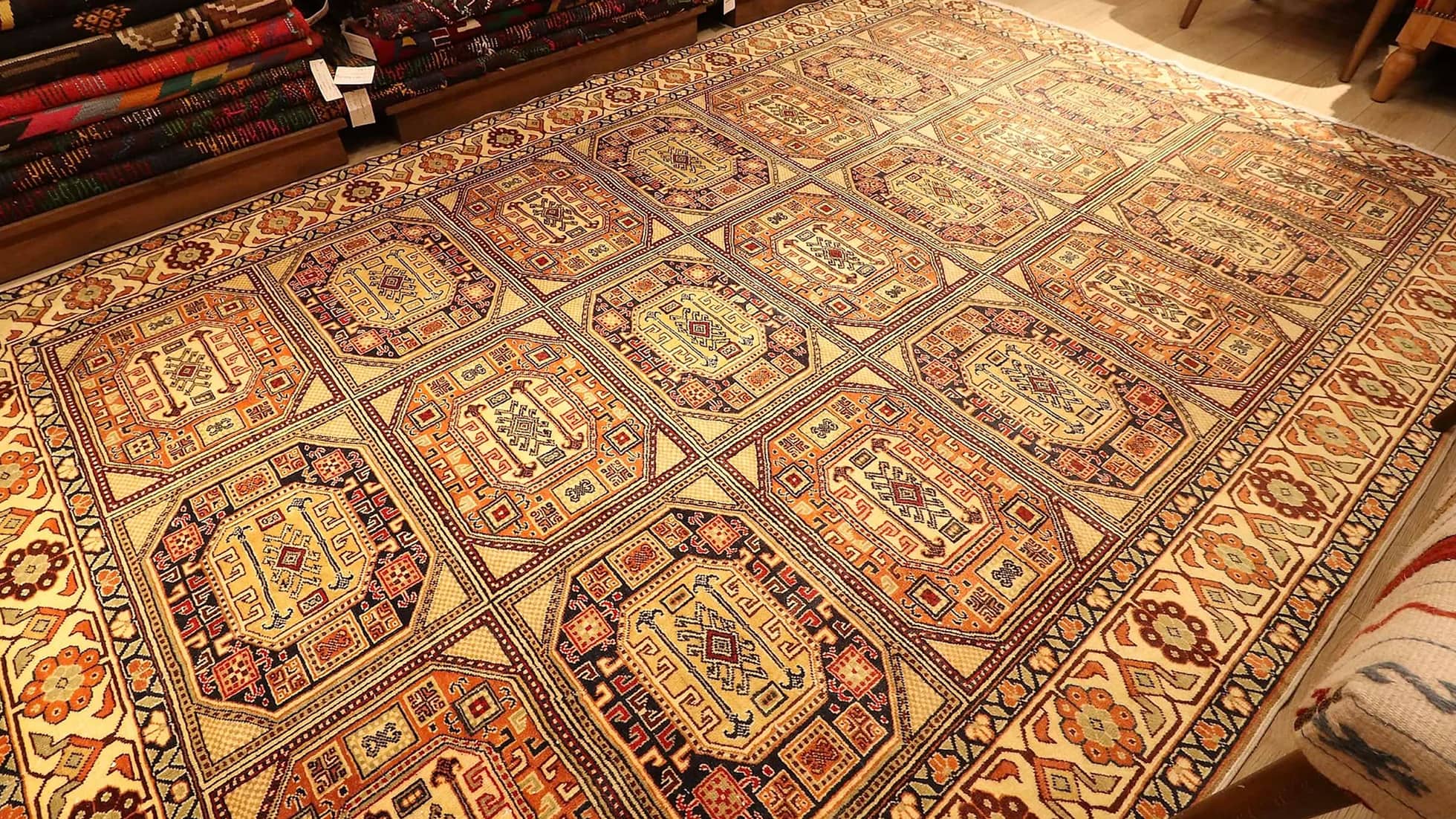 vintage Turkish handmade Kayseri Carpet in beige and brown with floral patterns