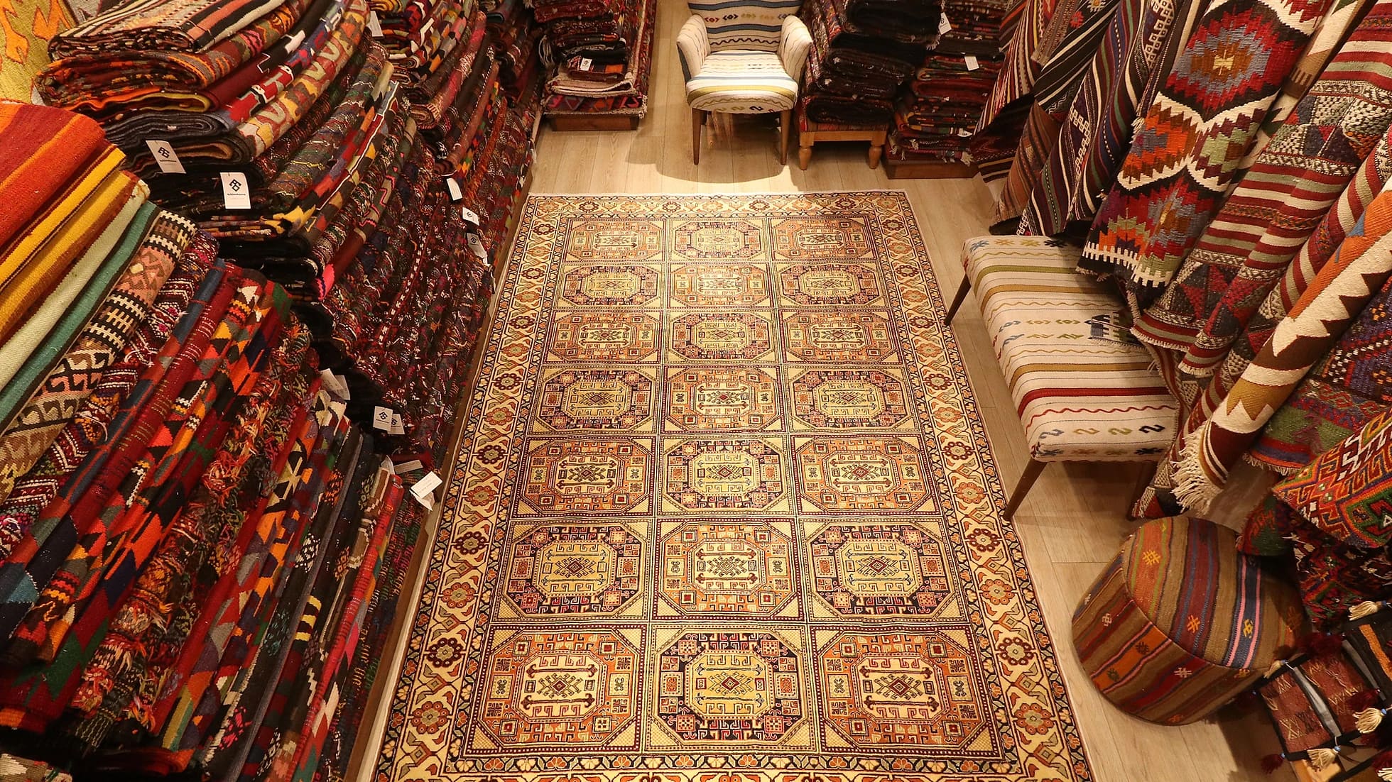 vintage Turkish handmade Kayseri Carpet in beige and brown with floral patterns