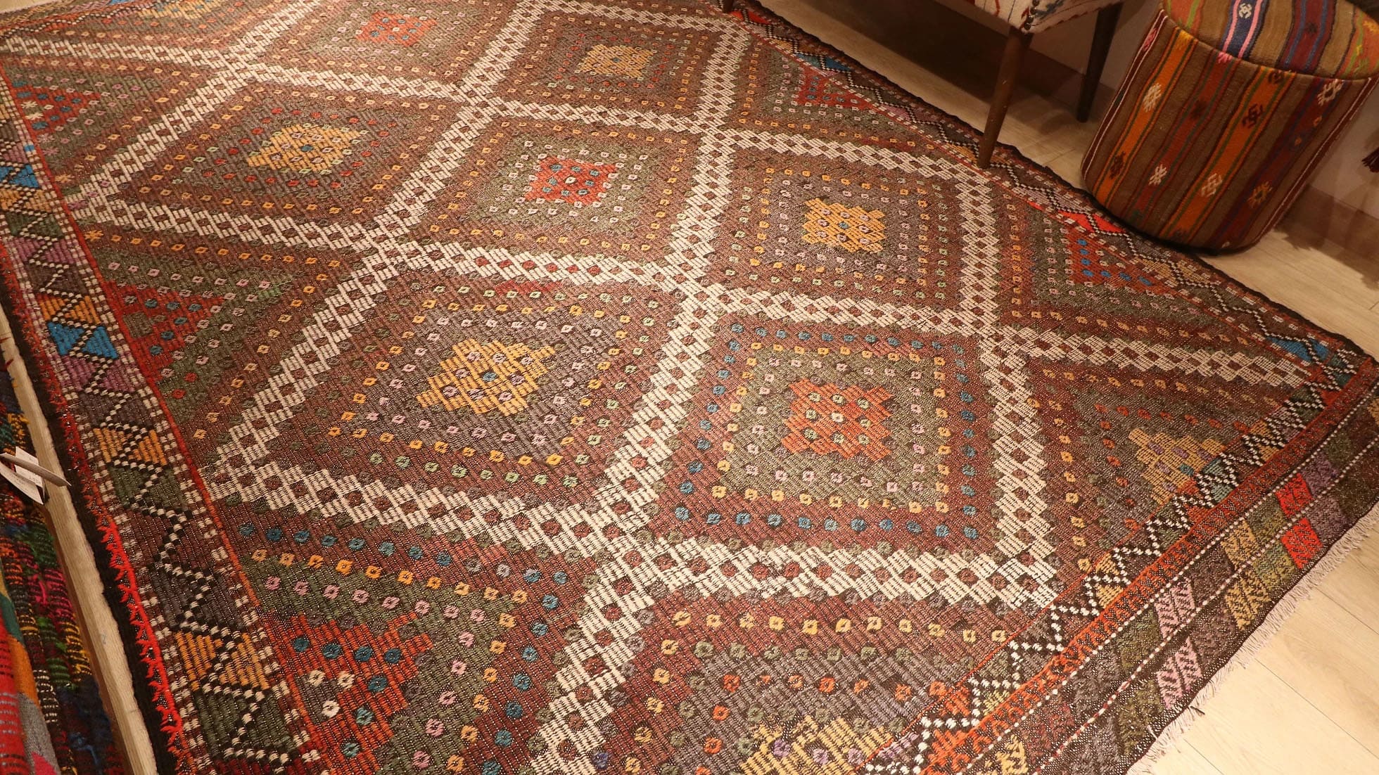 contemporary and traditional Kurdish cecim kelim rug in lozenges in modern rustic hues
