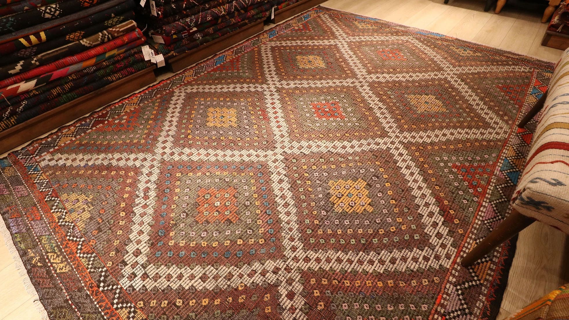 contemporary and traditional Kurdish cecim kelim rug in lozenges in modern rustic hues