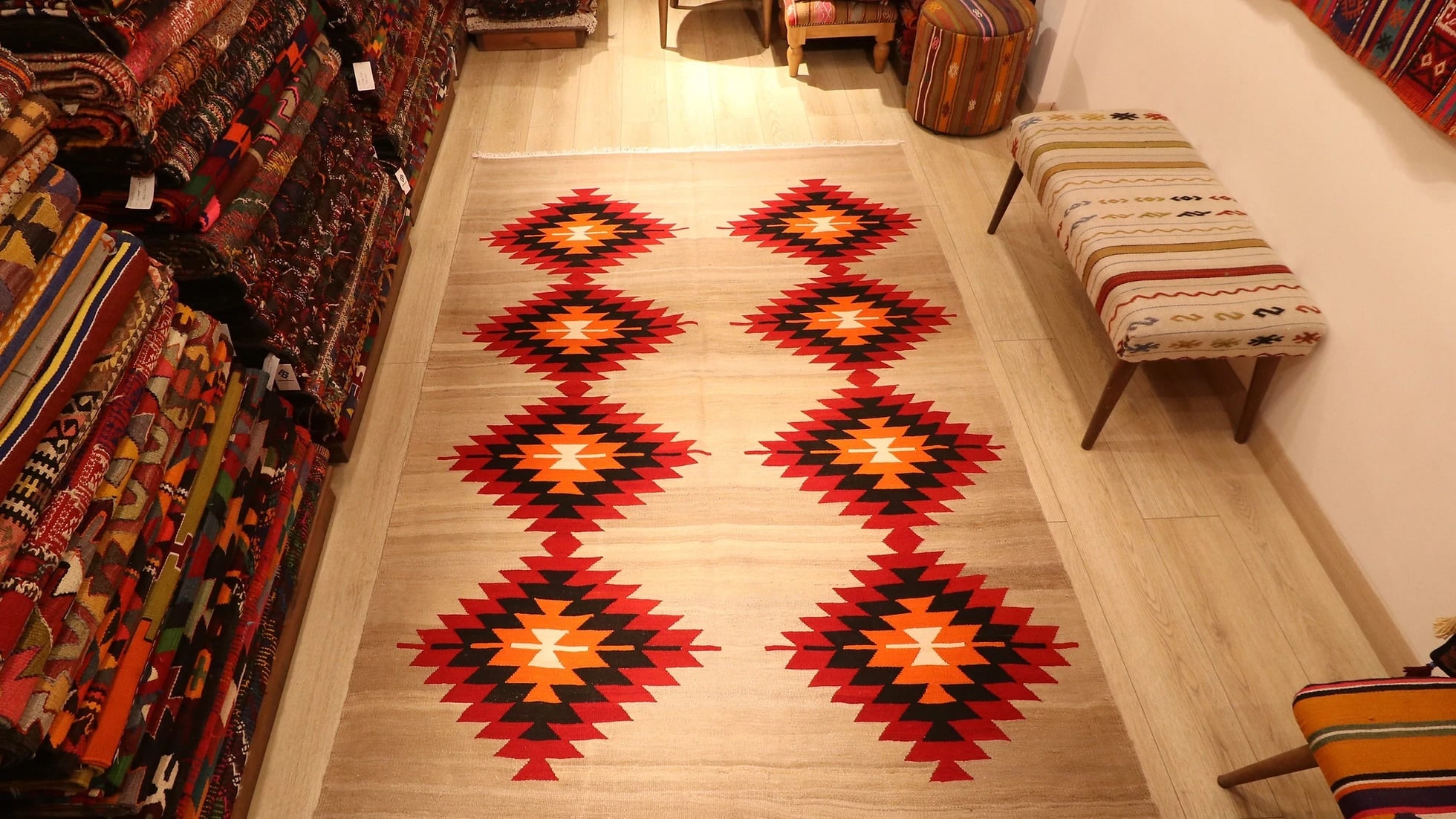 Handwoven Neutral Tribal Turkish Kilim Rug with red and orange lozenge patterns in beige