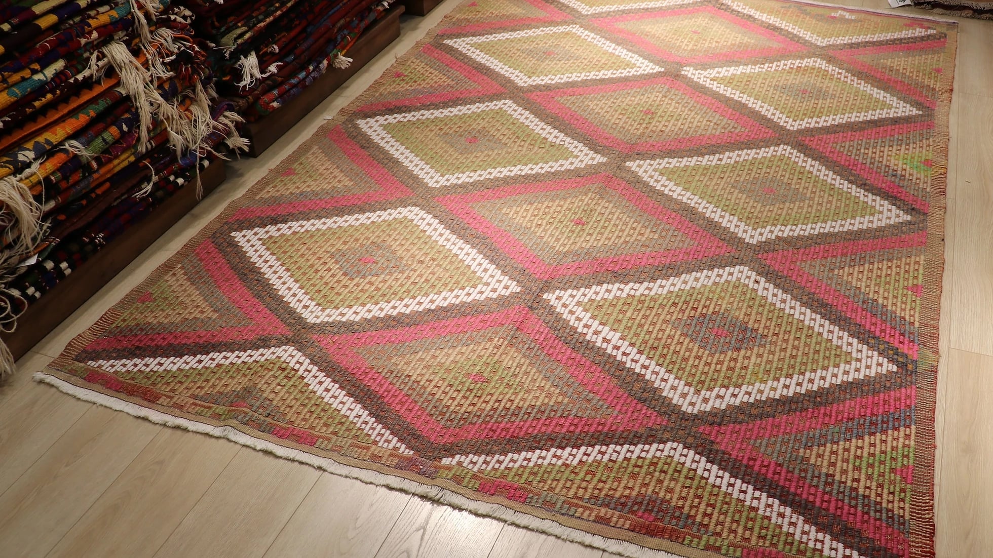 vintage pastel Cecim kilim rug in red and green