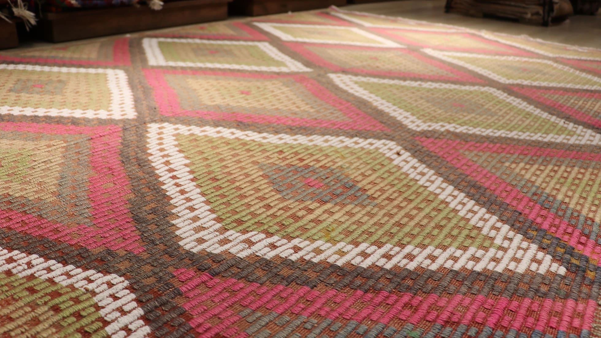 vintage pastel Cecim kilim rug in red and green