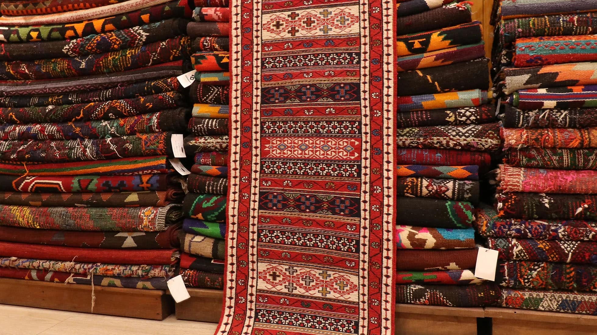 vintage handwoven Persian oriental soumak runner rug in red and cream