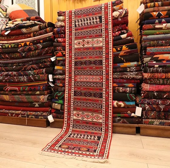 vintage oriental red Persian Kurdish kilim runner in red, beige