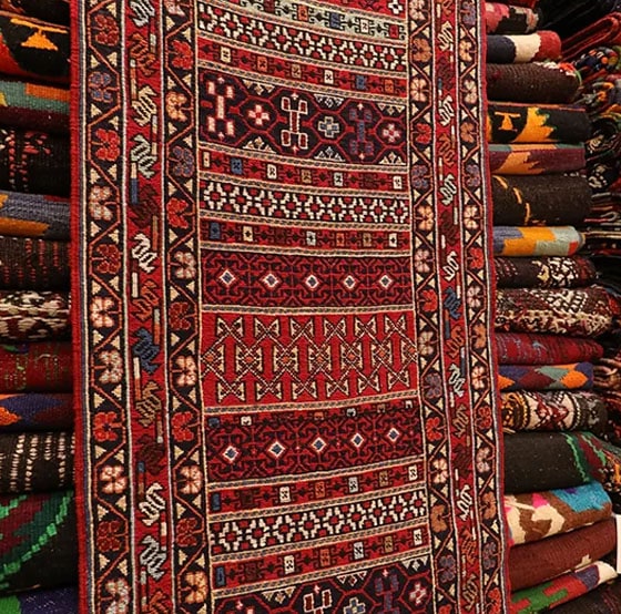 vintage oriental Persian soumak flat-weave runner in red, cream