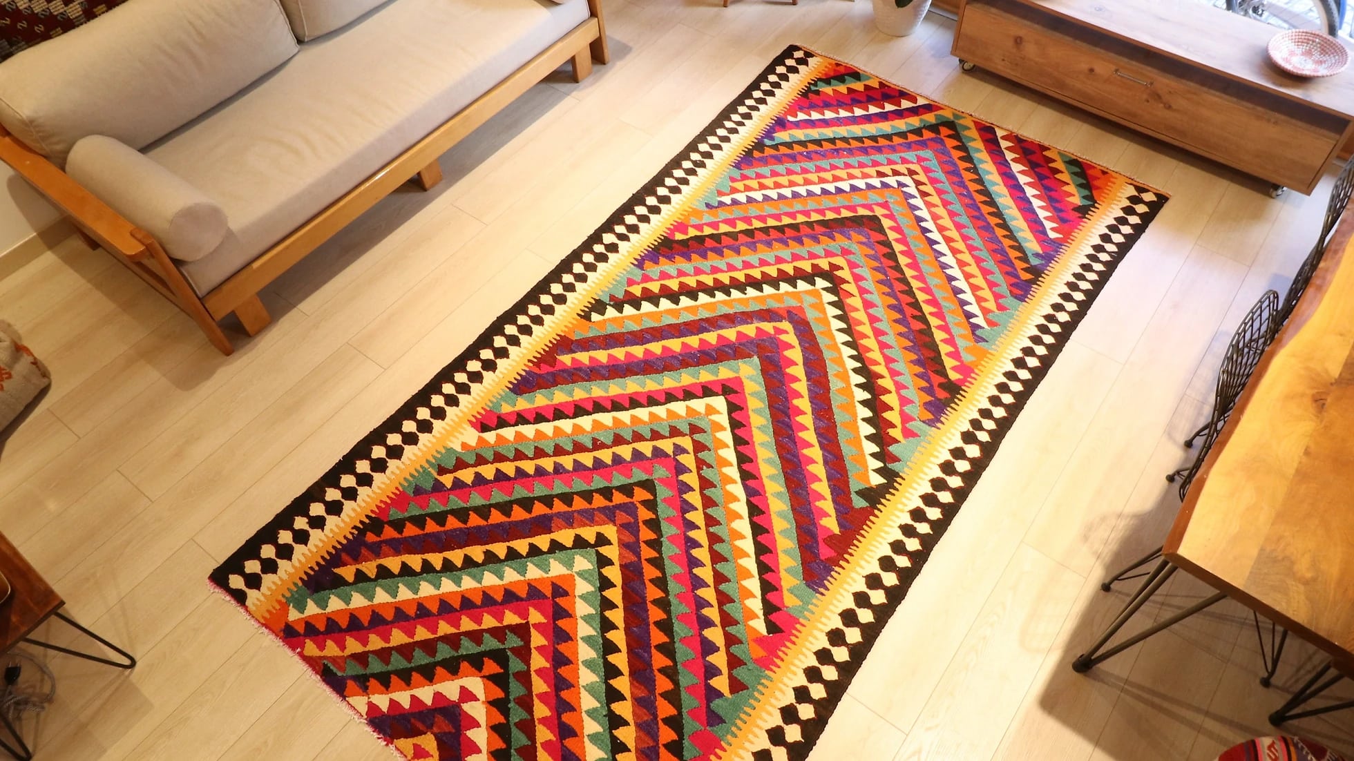 Vintage Turkish Contemporary Rainbow Kilim Rug