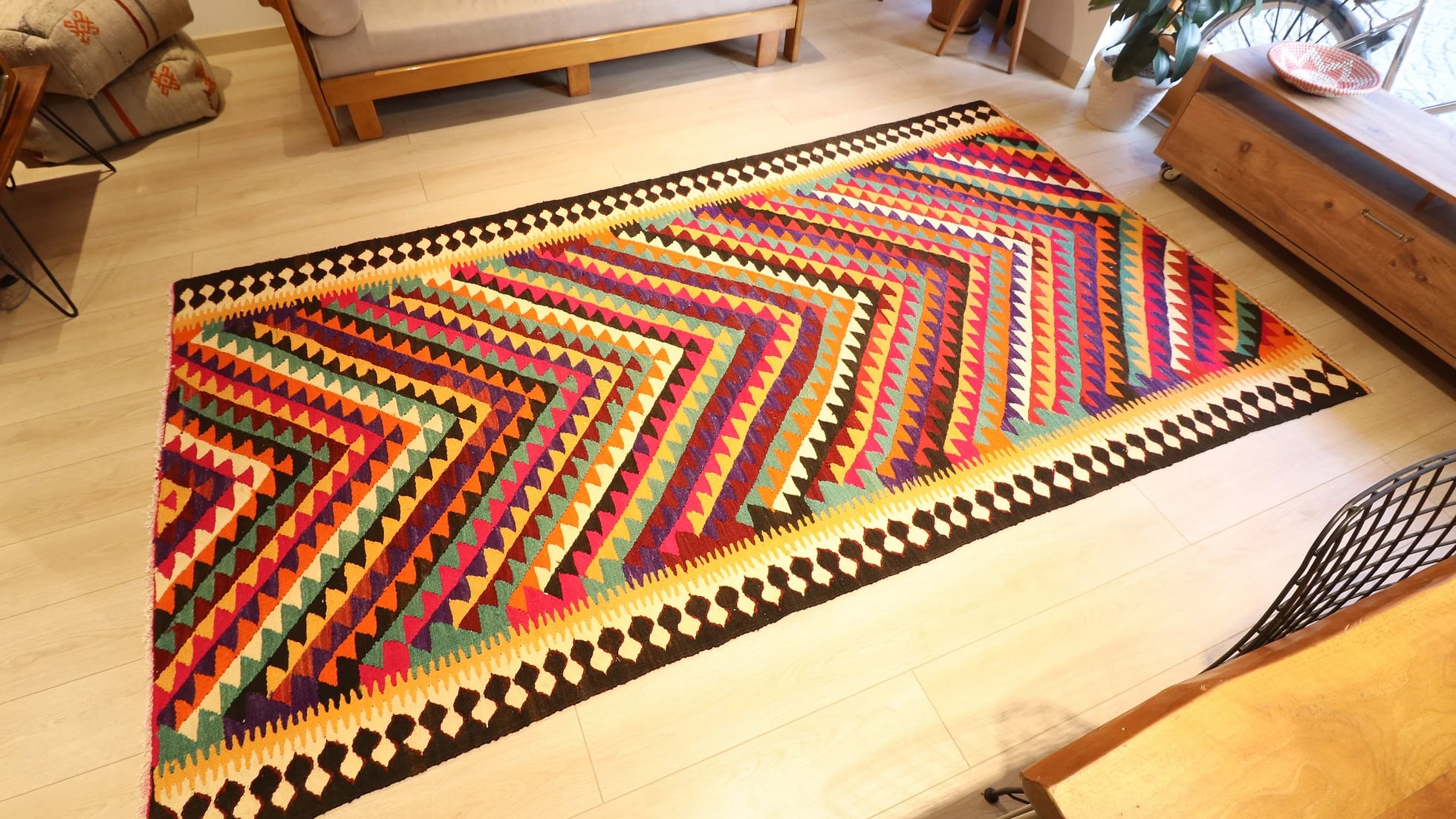 Vintage Turkish Contemporary Rainbow Kilim Rug