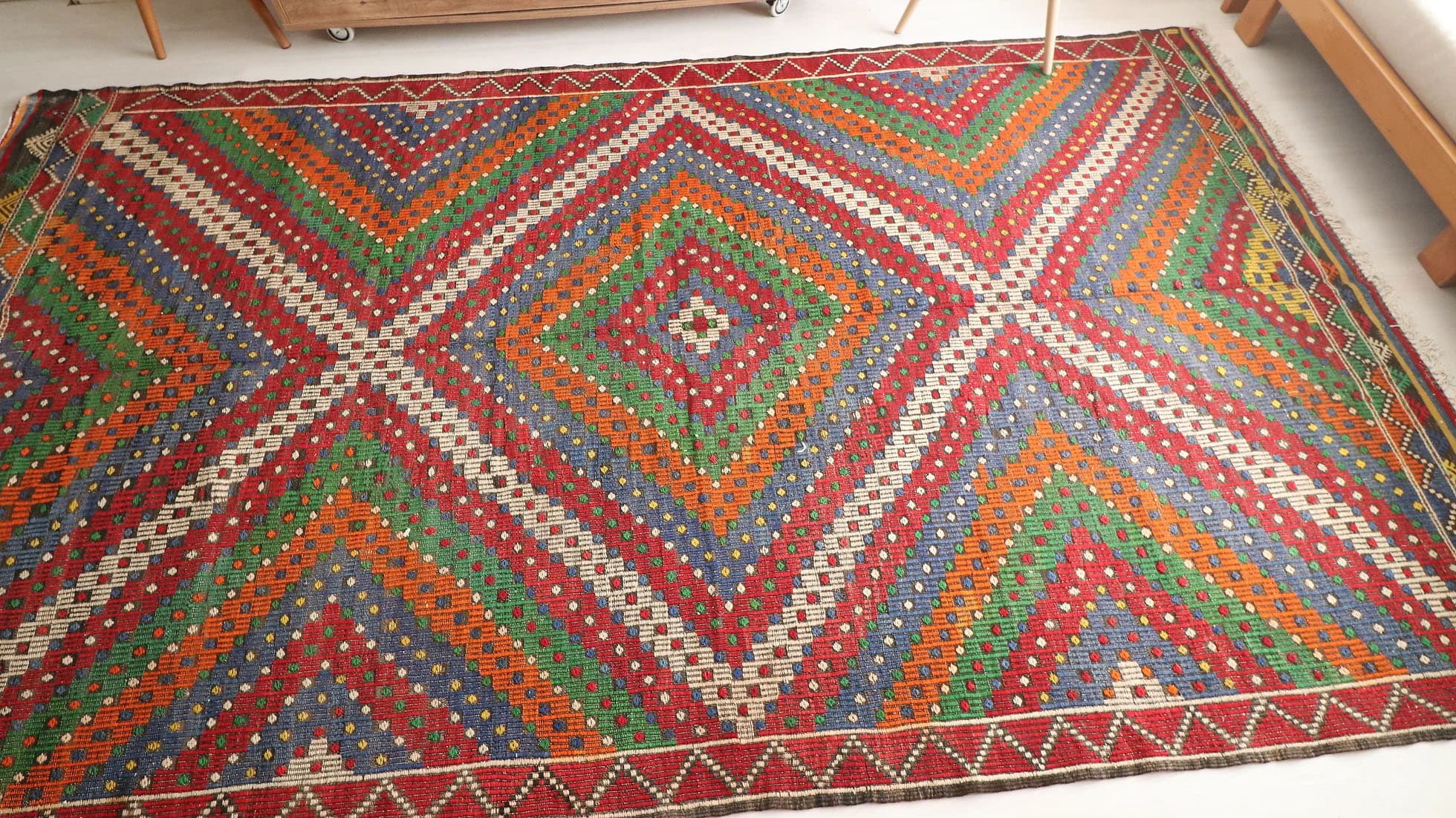 muted hand-knotted vintage Soumak Turkish Kilim Rug in earthy tones